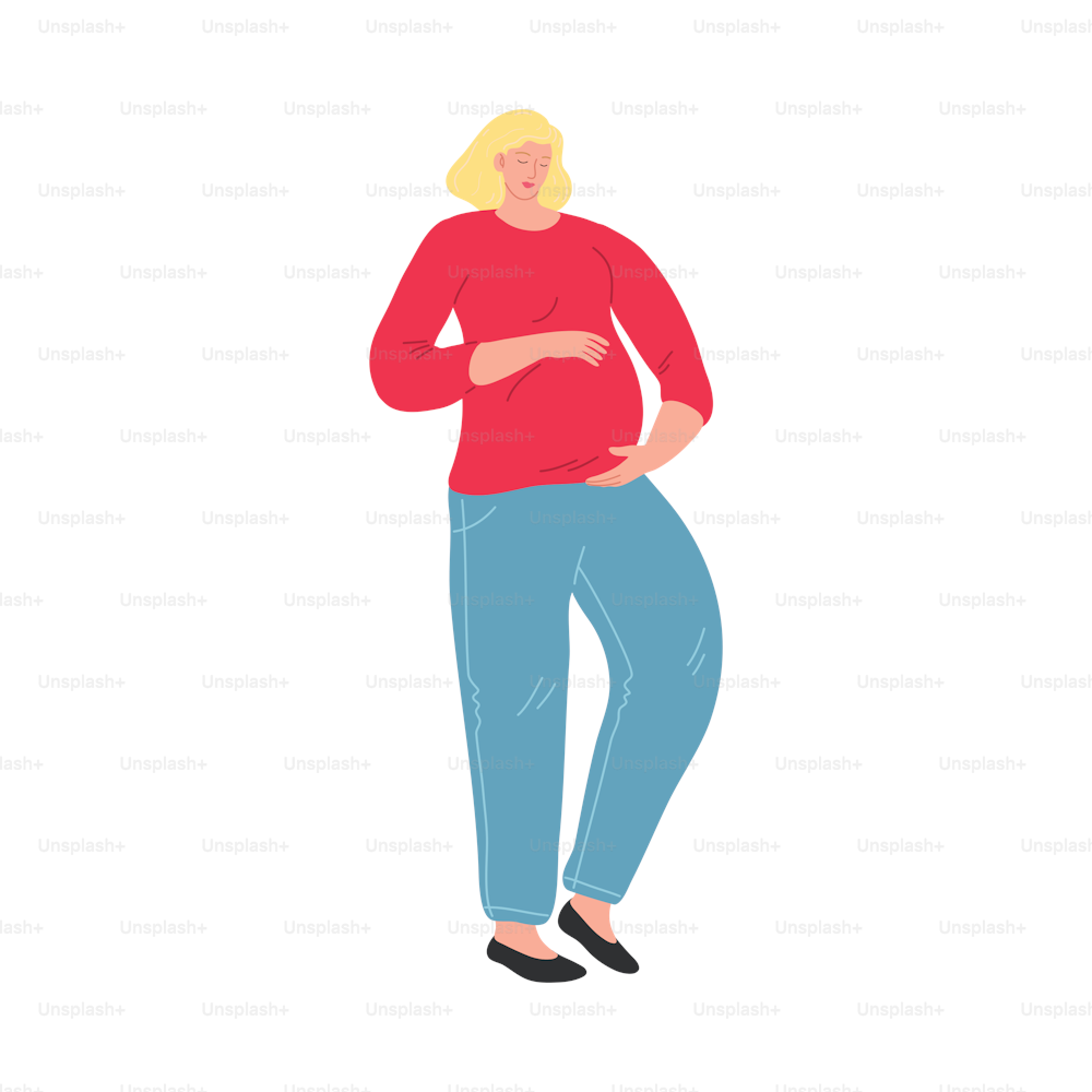 Blondhaarige glückliche schwangere Frau in blauen Hosen, die ihren Bauch streichelt. Warten auf ein Baby-Konzept. Isolierte Vektor-Icon-Illustration auf weißem Hintergrund im Cartoon-Stil.