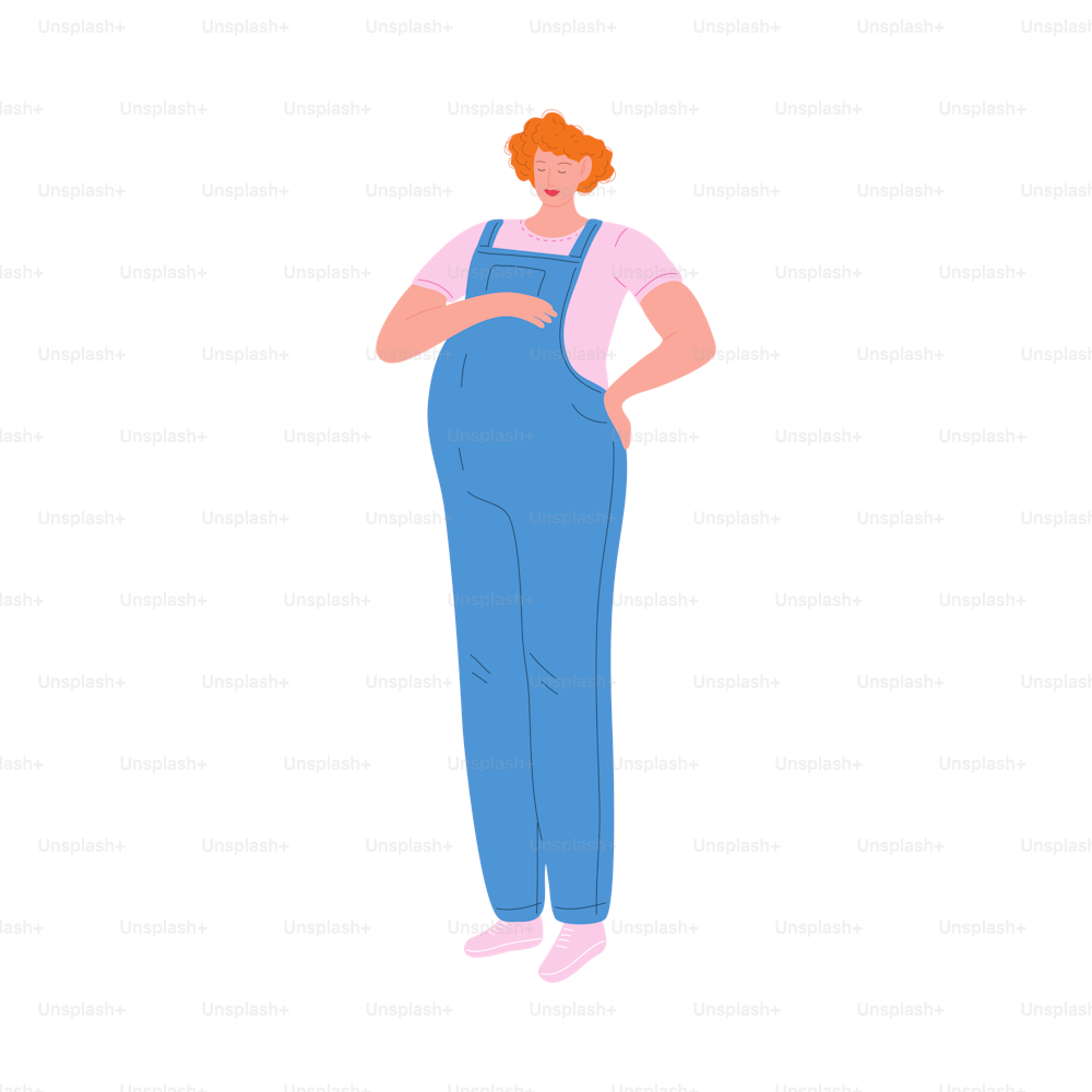 Red-haired happy pregnant woman in blue denim overalls caressing her belly. Waiting for a baby concept. Isolated vector icon illustration on white background in cartoon style.