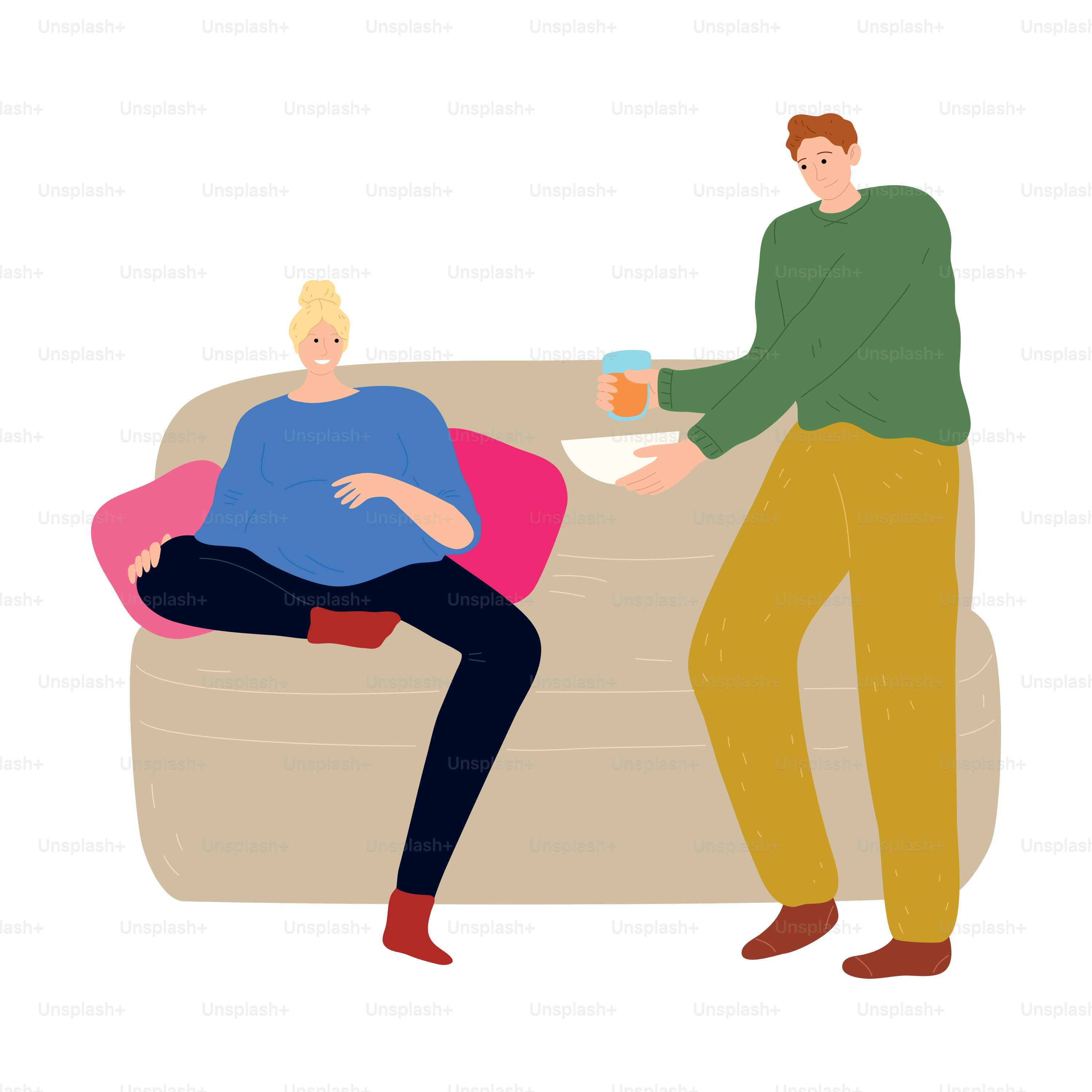 Un homme apporte un verre de boisson avec l’assiette pour une femme enceinte assise sur le canapé. En attente d’un concept de bébé. Illustration isolée d’icônes vectorielles sur fond blanc dans un style dessin animé.