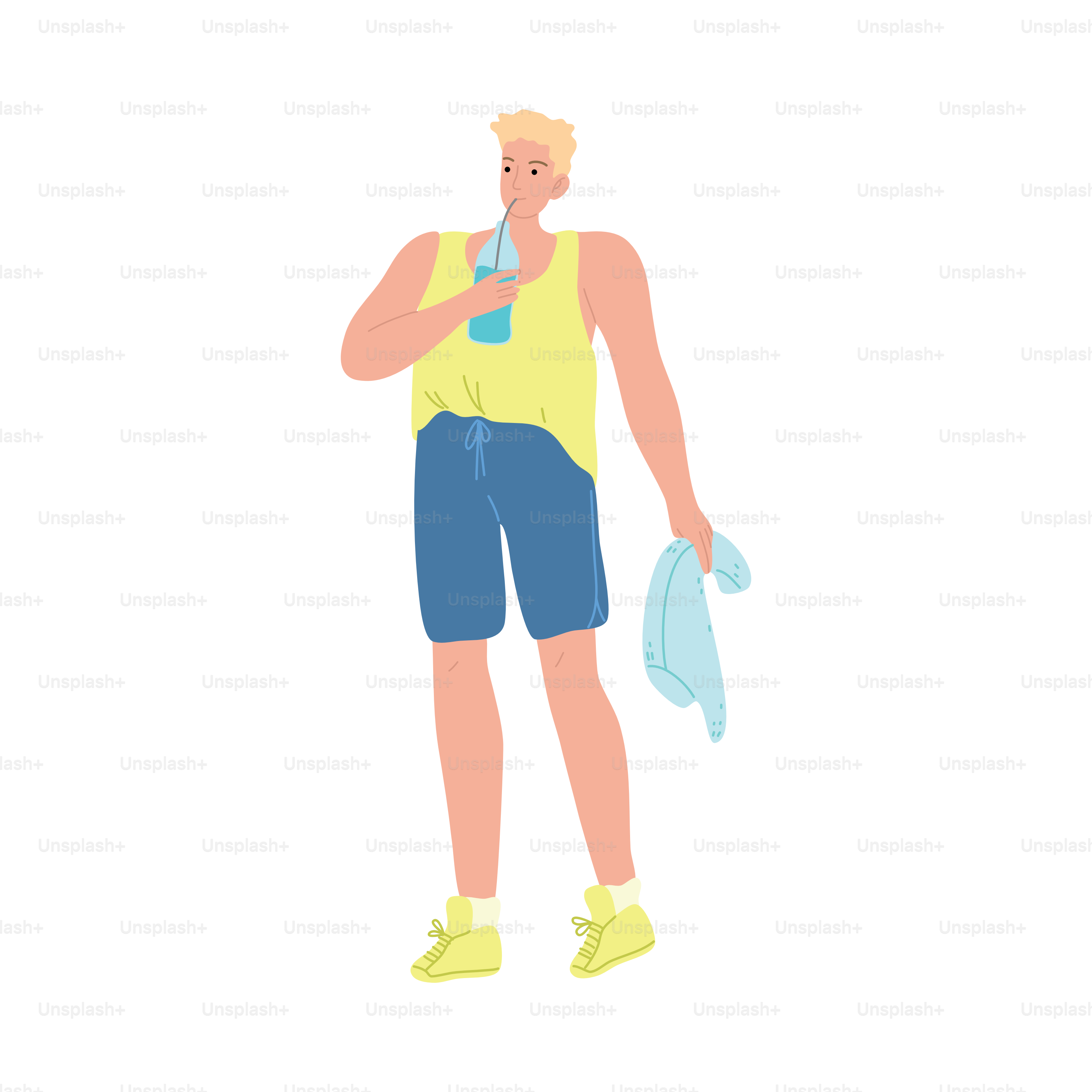 Homme de fitness aux cheveux blonds avec une serviette bleue buvant de l’eau de la bouteille après l’exercice sportif. Concept de soif. Illustration d’icônes vectorielles isolées sur fond blanc dans un style dessin animé