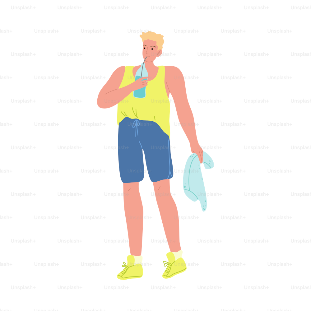 Homem fitness de cabelos loiros com toalha azul bebendo água da garrafa após o exercício esportivo. Conceito de saciar a sede. Ilustração isolada do ícone vetorial no fundo branco no estilo dos desenhos animados