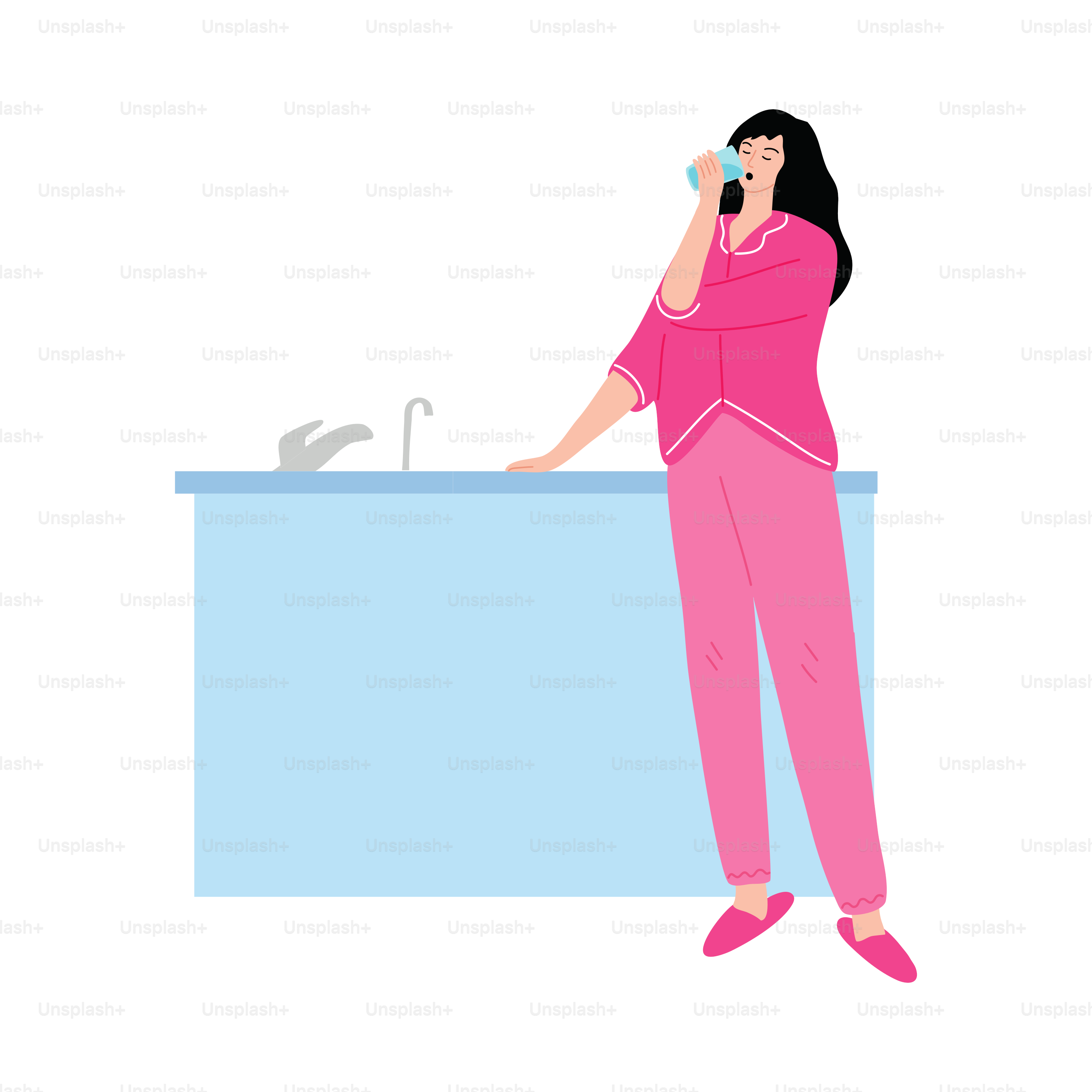 Black-haired young woman in pink home clothes standing with a glass of water in the kitchen. Quenching thirst concept. Isolated vector icon illustration on white background in cartoon style