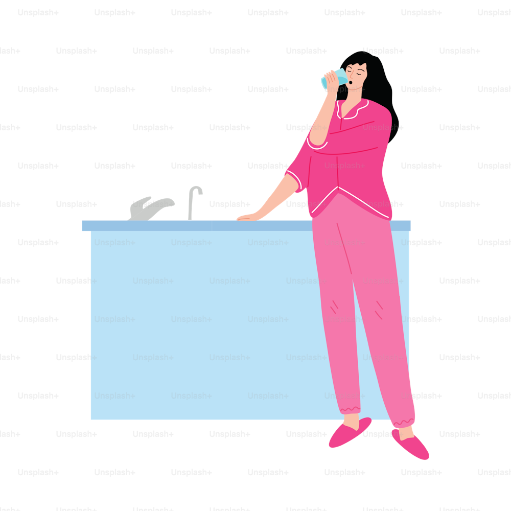 Black-haired young woman in pink home clothes standing with a glass of water in the kitchen. Quenching thirst concept. Isolated vector icon illustration on white background in cartoon style