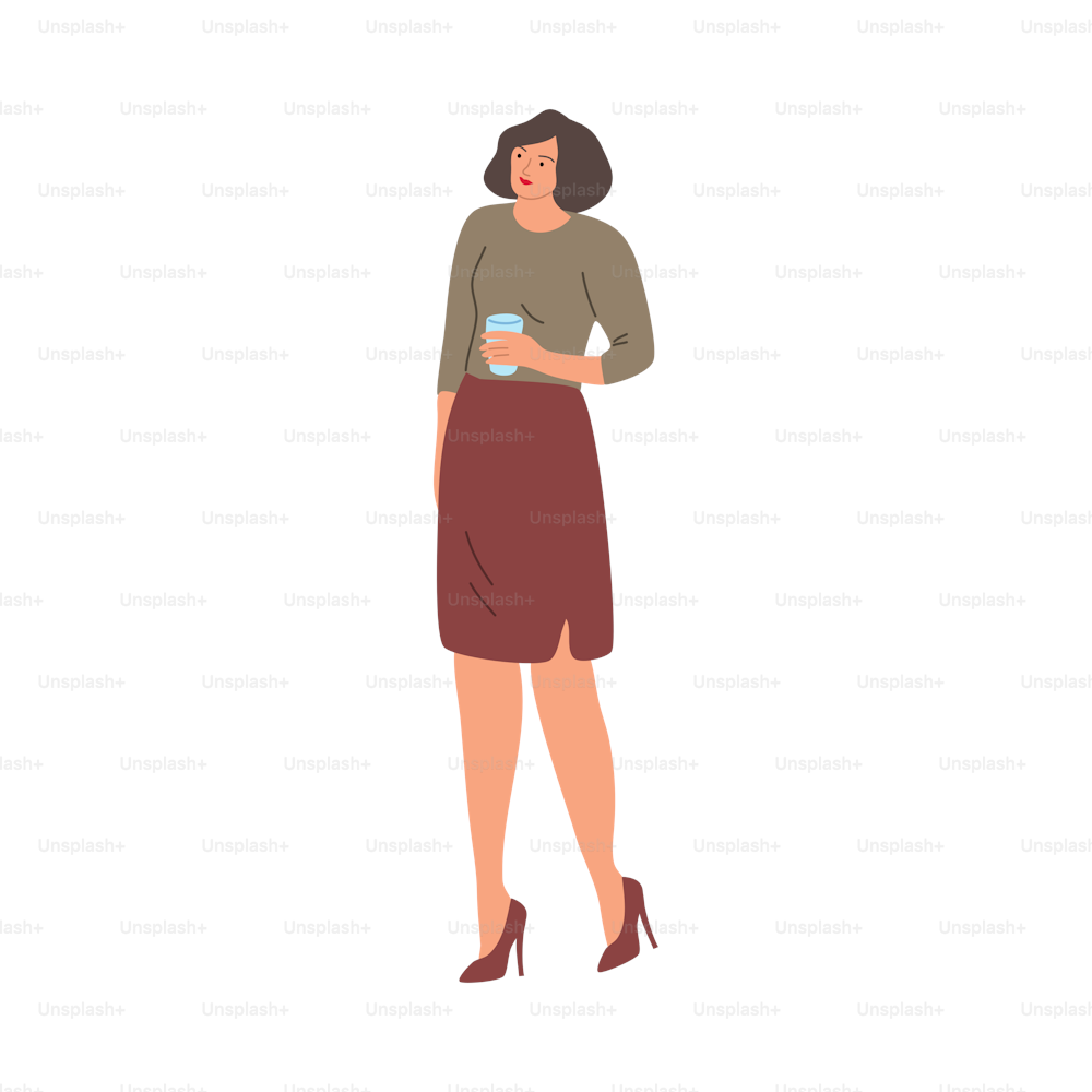 Black-haired young woman in brown skirt standing with a glass of water. Quenching thirst concept. Isolated vector icon illustration on white background in cartoon style