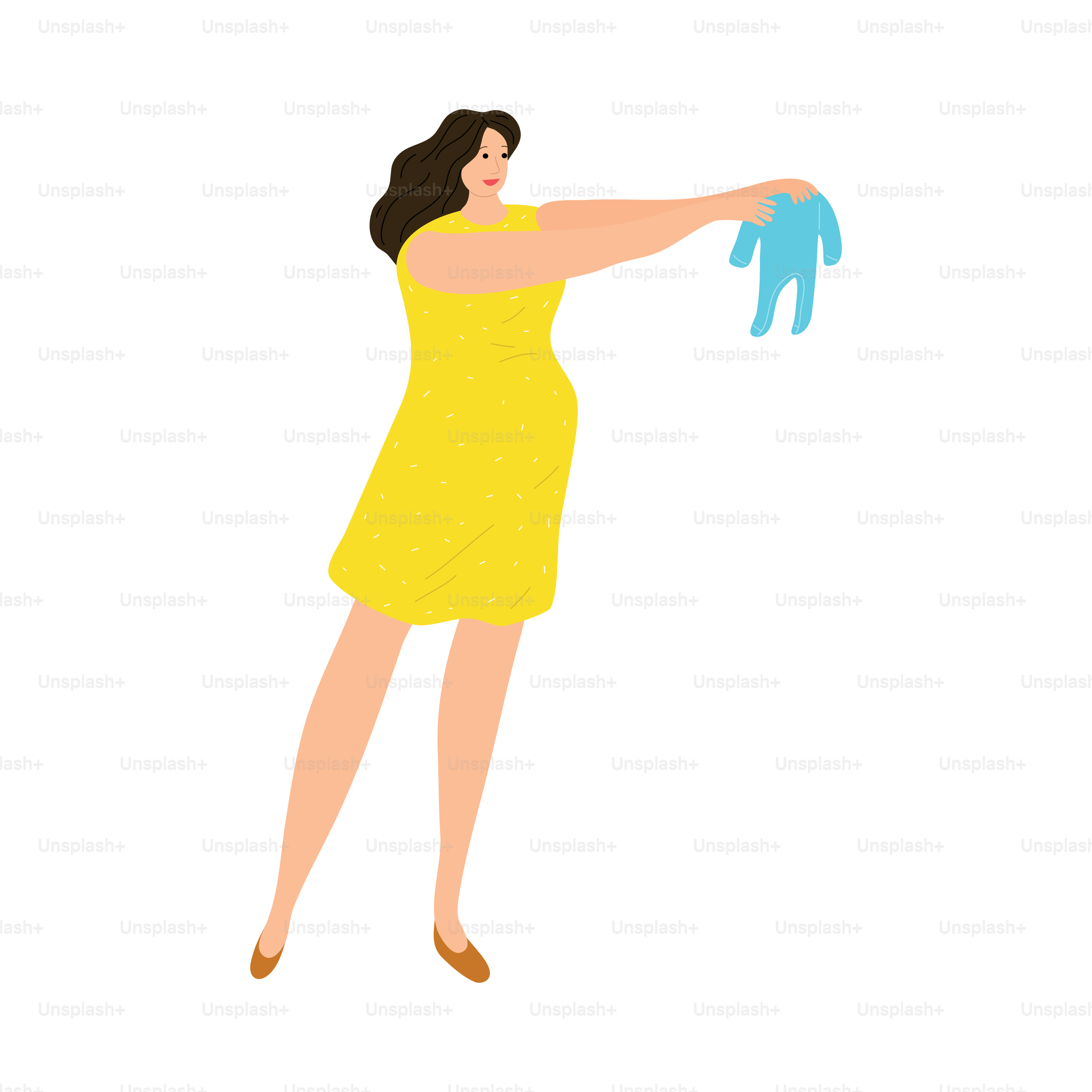 Braunhaarige, glückliche schwangere Frau in gelbem Kleid, die Kinderkleidung bewundert. Ich warte auf ein Baby-Konzept. Isolierte Vektor-Ikon-Illustration auf weißem Hintergrund im Cartoon-Stil.