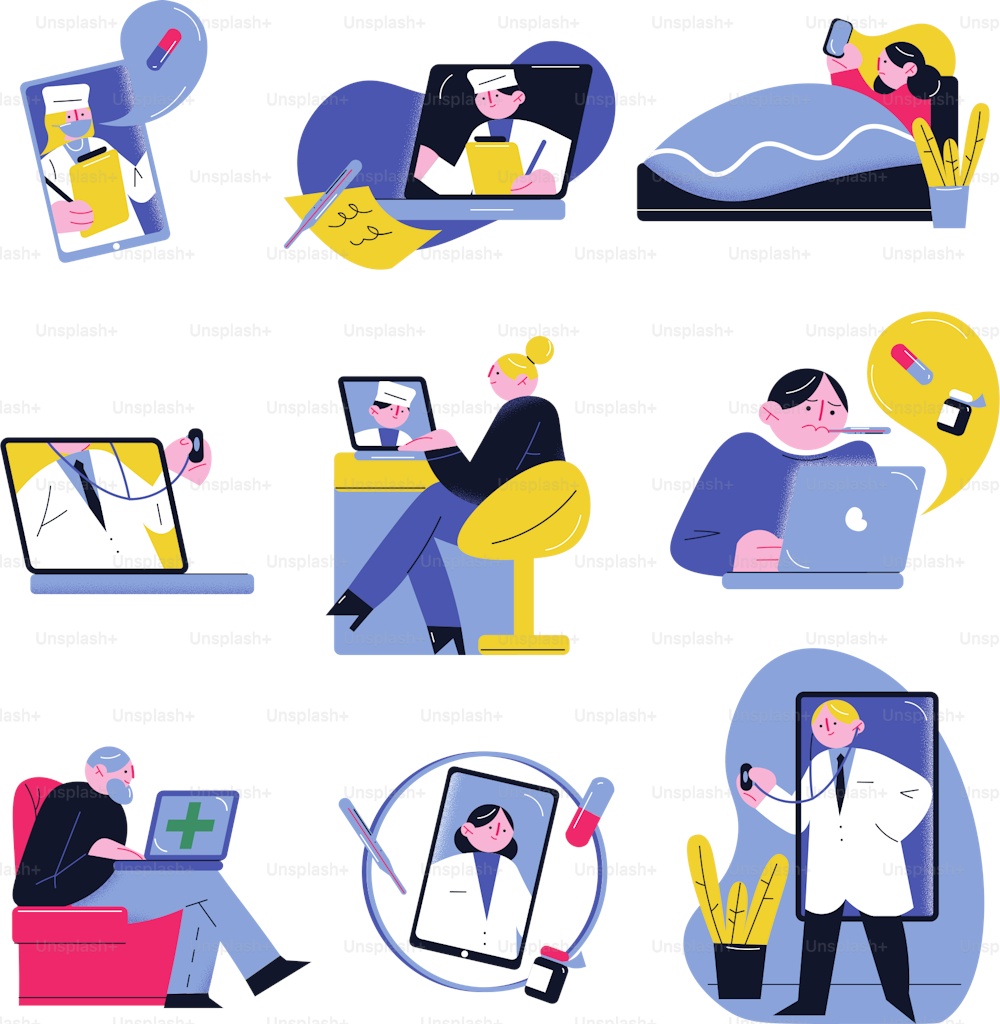Set of isolated hand drawn patients getting help with telemedicine online and doctors helping via laptops and smartphones over white background vector illustration. Telemedicine concept