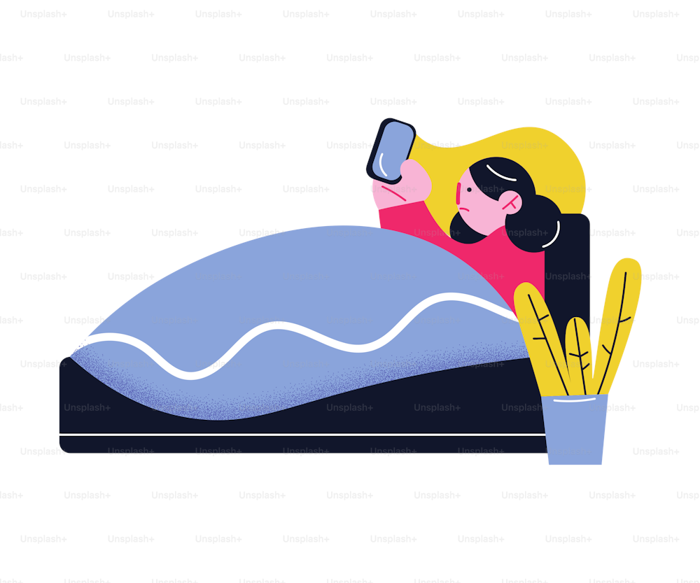 Hand drawn sick woman lying in bed at home and getting online help from doctor on phone over white background vector illustration. Telemedicine concept