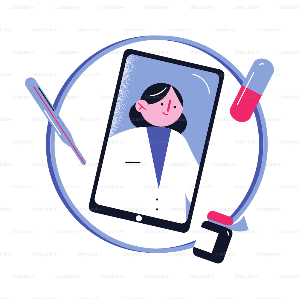 Mulher desenhada à m�ão médica dando conselhos sobre pílulas e tratamento para o paciente on-line no smartphone sobre ilustração vetorial de fundo branco. Conceito de telemedicina