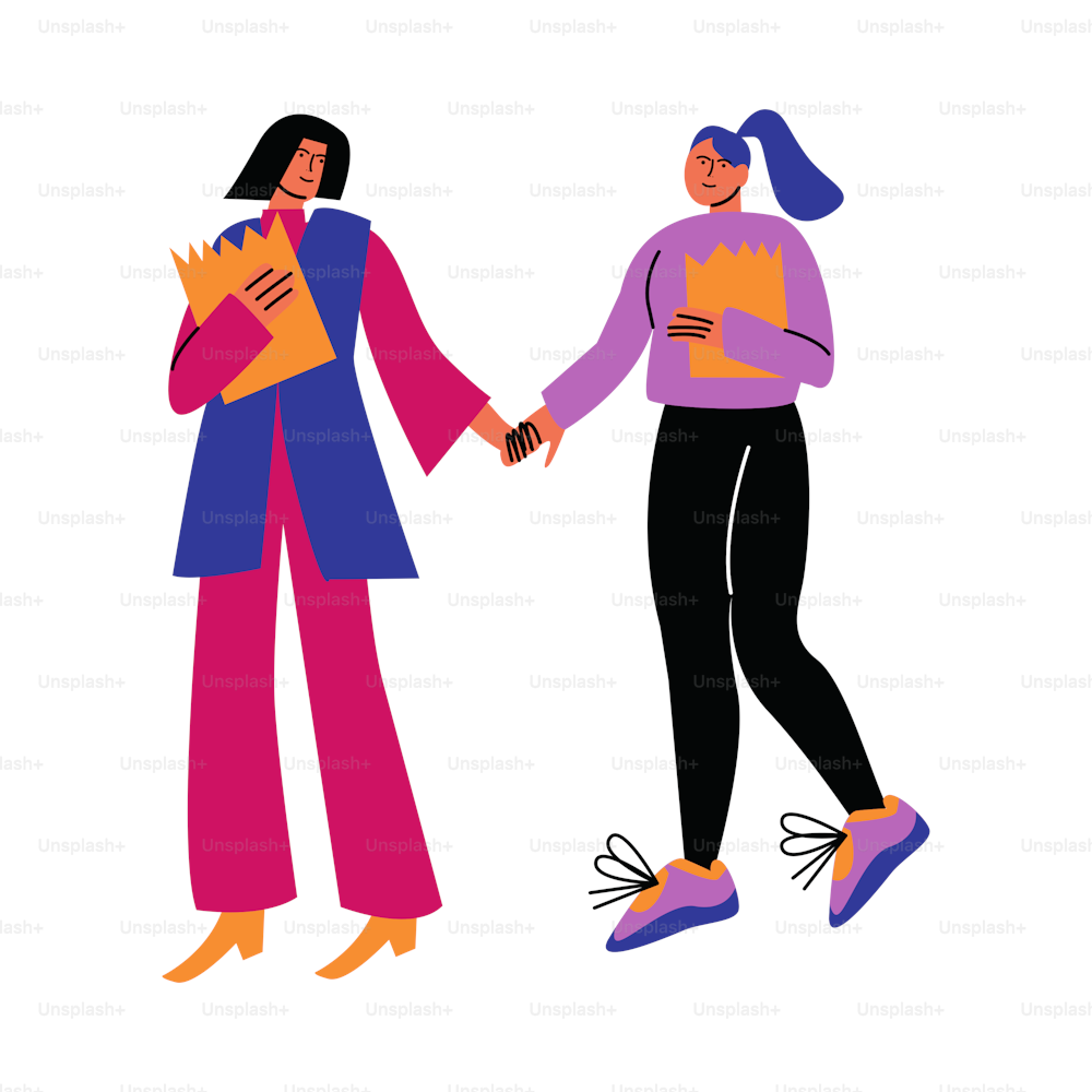 A happy lesbian couple of women in casual clothes with purchases holding hands while walking. Isolated vector icon illustration on a white background in cartoon style.