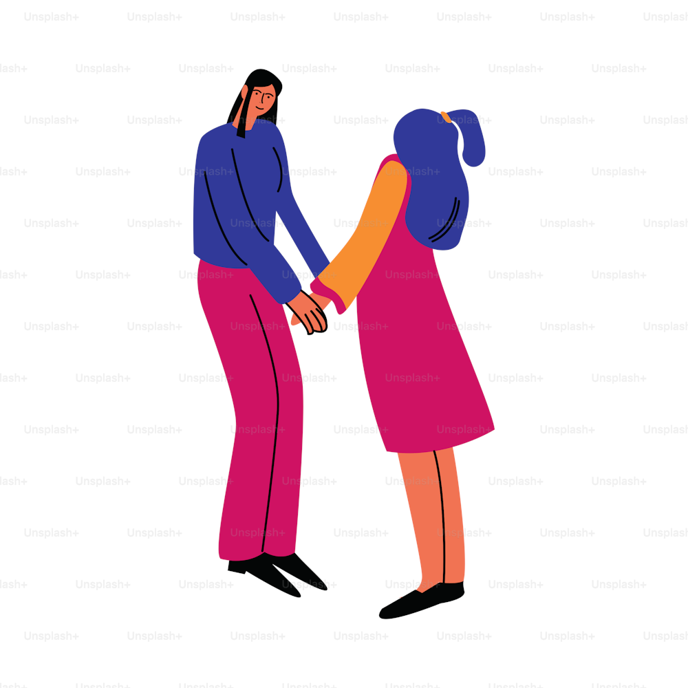 A happy lesbian couple of women standing in casual clothes and holding hands. Homosexual couple concept. Isolated vector icon illustration on a white background in cartoon style.