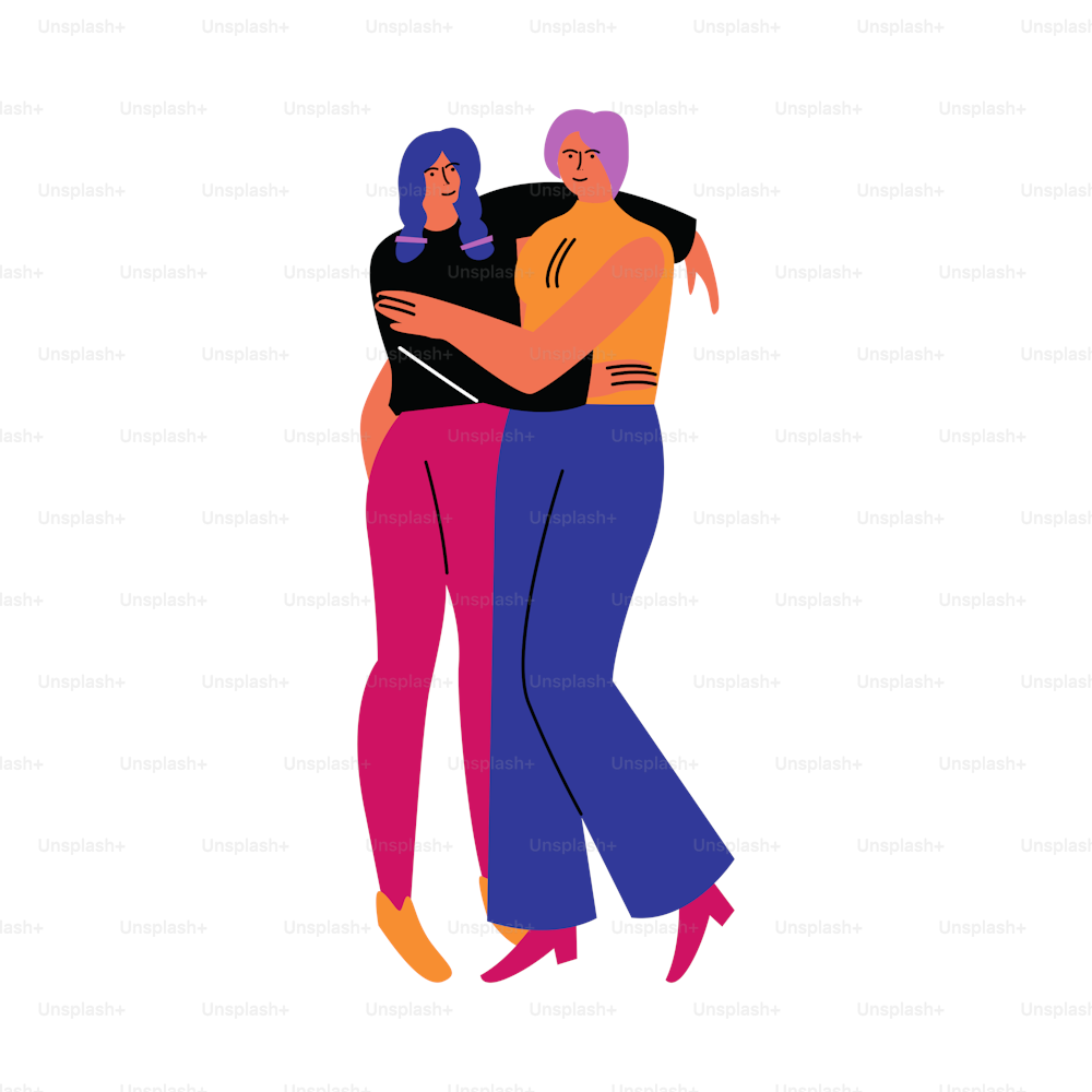 カジュアルな服を着て抱きしめる幸せなレズビアンのカップル。同性愛カップルのコンセプト。白い背景に漫画風の分離型ベクター画像アイコンイラスト。