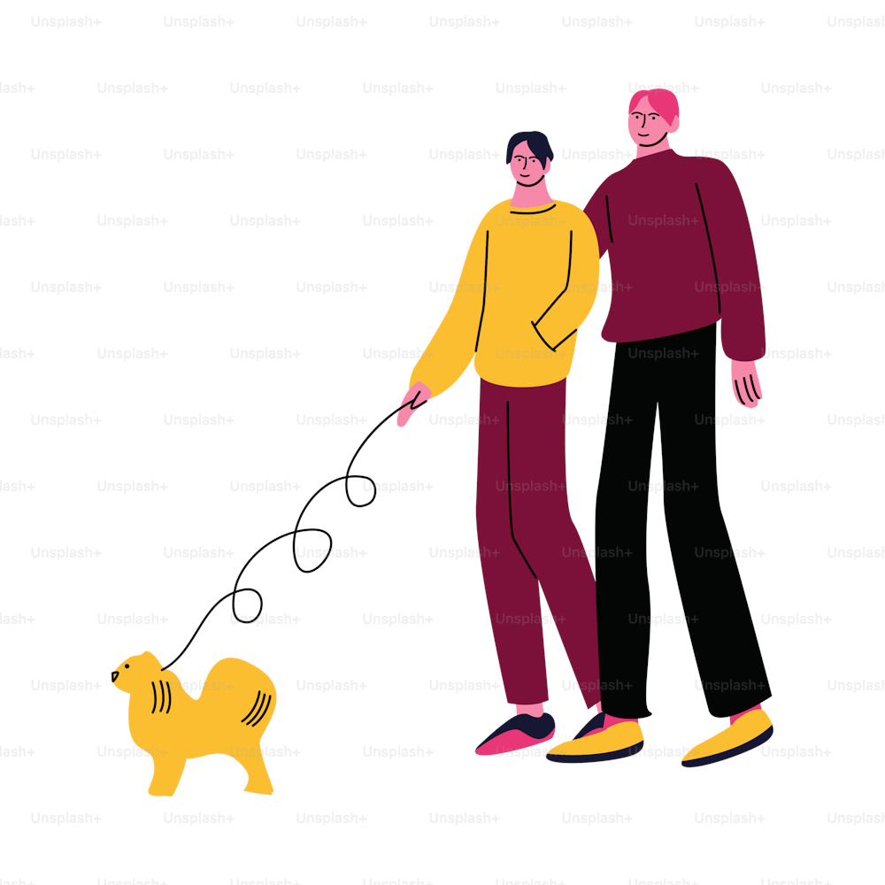 Um casal gay feliz de homens em roupas casuais passeando com cachorro e abraçando. Conceito de casal homossexual. Ilustração isolada do ícone vetorial em um fundo branco no estilo dos desenhos animados.