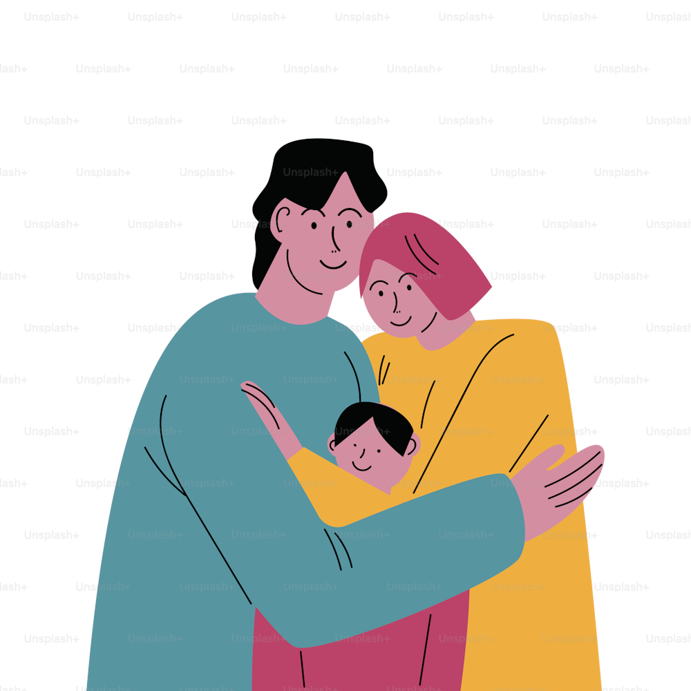 Madre y padre sonrientes felices abrazando a su hijo. Padres abrazando al hijo. Feliz día del abrazo. Ilustración de icono vectorial aislado sobre fondo blanco en estilo de dibujos animados.