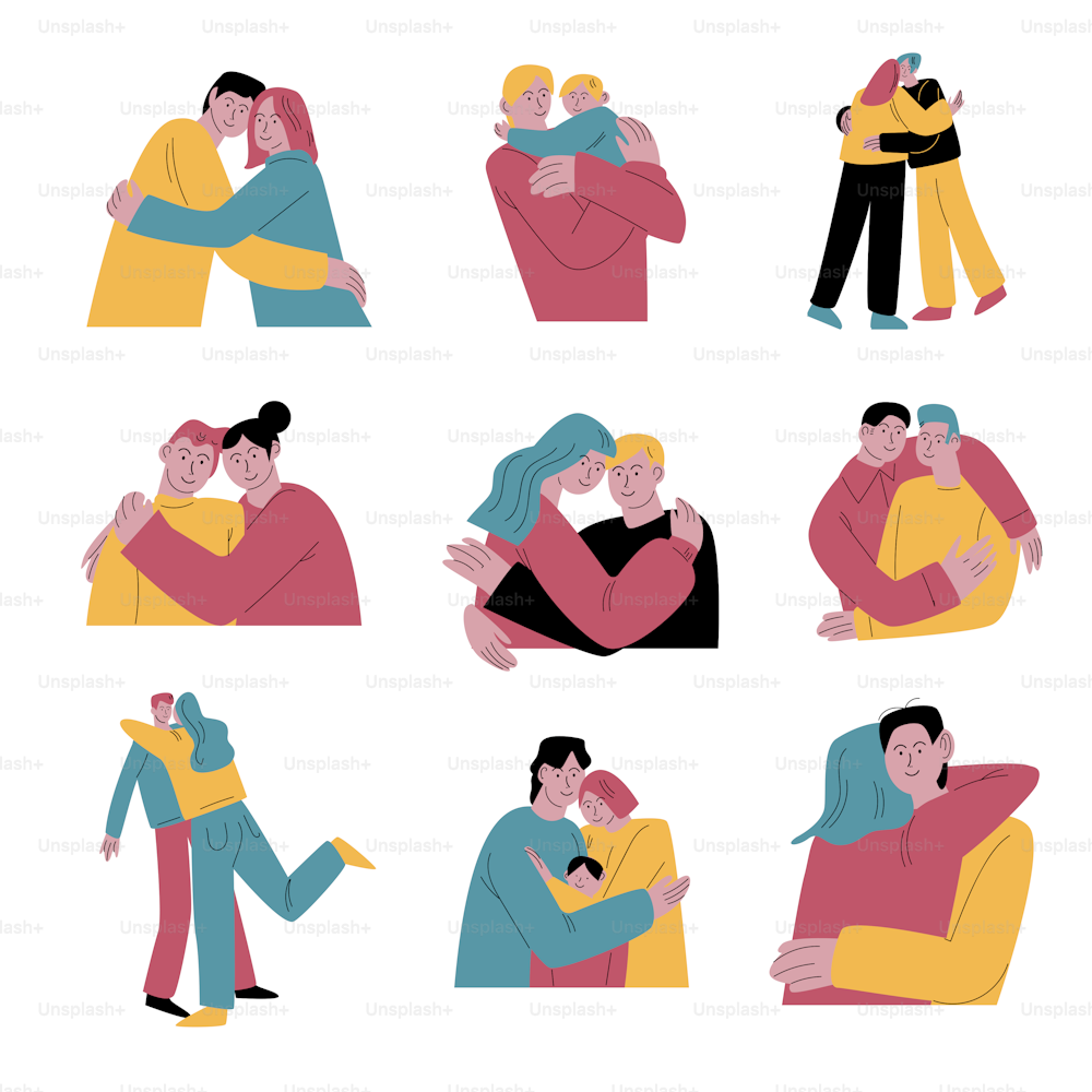 Collection set of different happy smiling people in casual clothes hugs each other in different poses. Happy Hug Day. Isolated vector icon illustration on white background in cartoon style.
