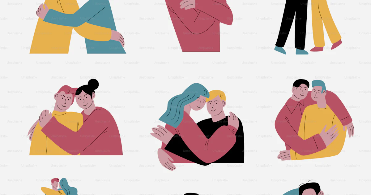 Collection set of different happy smiling people in casual clothes hugs ...