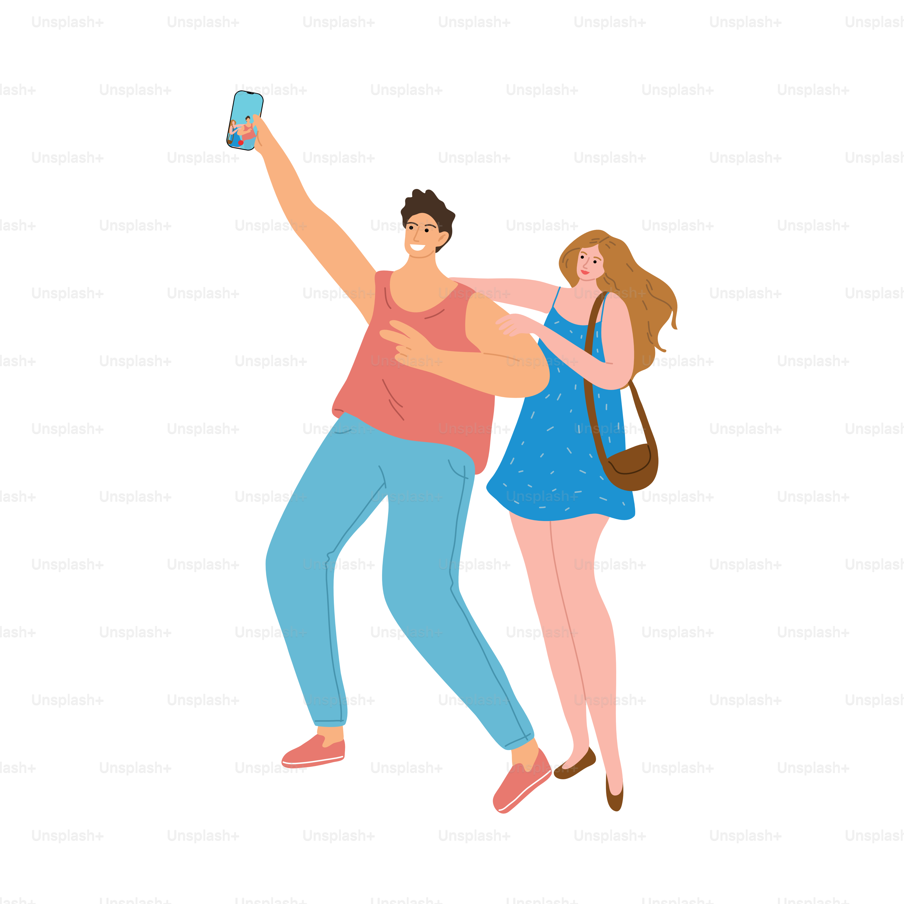 Pareja joven dibujada a mano haciéndose selfies al aire libre durante un festival de verano sobre ilustración vectorial con fondo blanco. Concepto de festival de verano