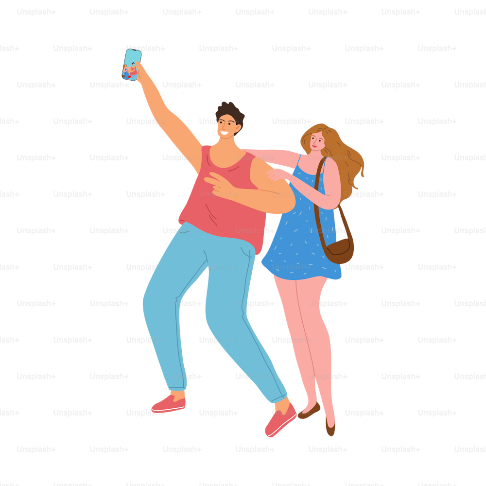 Pareja joven dibujada a mano haciendo selfie al aire libre durante el festival de verano sobre ilustración vectorial de fondo blanco. Concepto de festival de verano