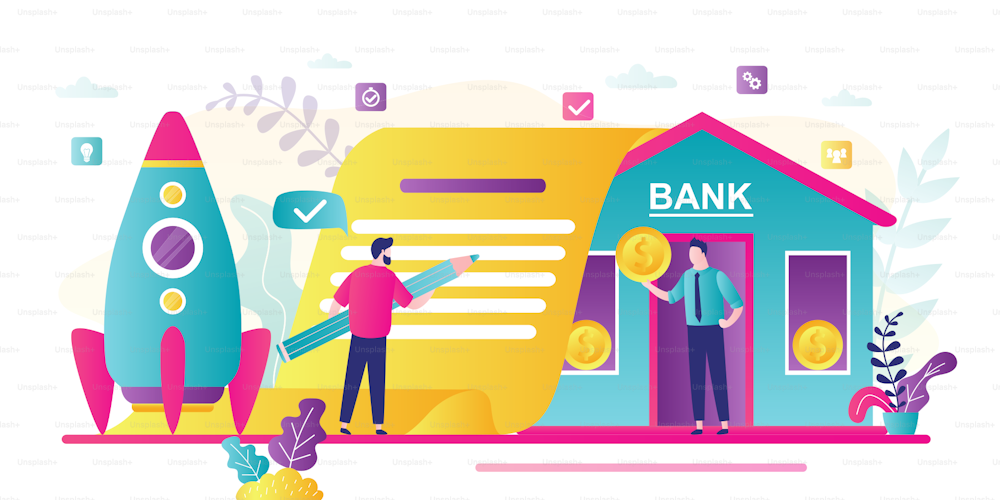 Businessman signs loan agreement. Investment in a new startup. Bank building and business people. Credit manager giving money. Loan process concept. Male clerk with gold coin. Flat vector illustration
