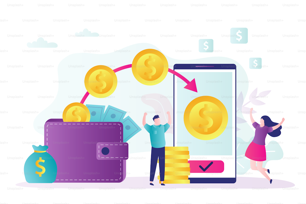 Online money transfer. Money transaction to an electronic wallet or bank card. Modern financial technology. Safe Transferring. Virtual finance concept. Happy people in trendy style. Vector illustration