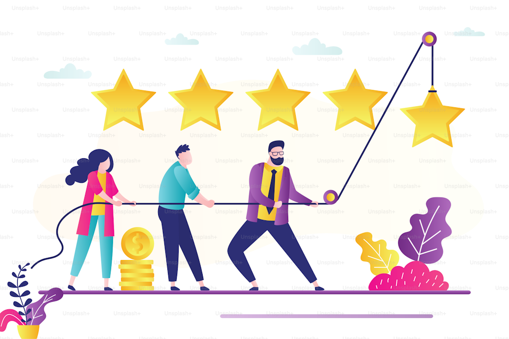 People use rope and raise star. Review banner concept, testimonials. Teamwork, people vote or rate. Clients feedback. Business quality, five stars rating. Trendy flat vector illustration