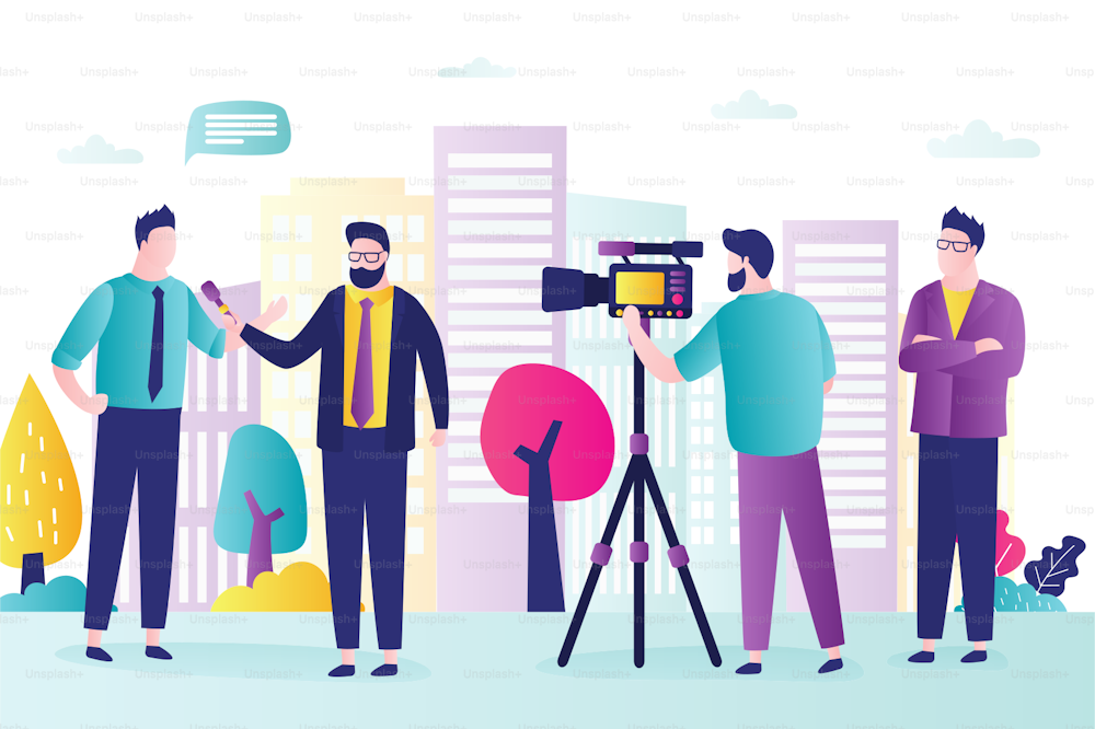 Male journalist interviews handsome businessman. Reporter holds microphone and asks question, camera man is shooting video. TV group creates video content or blog. Trendy flat vector illustration