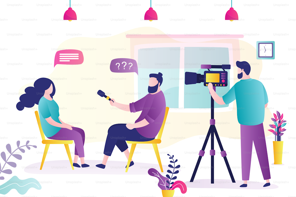 Journalist interviews businesswoman. Reporter holding microphone and give questions. Operator create video content. Office room interior. Business characters in trendy style. Flat vector illustration