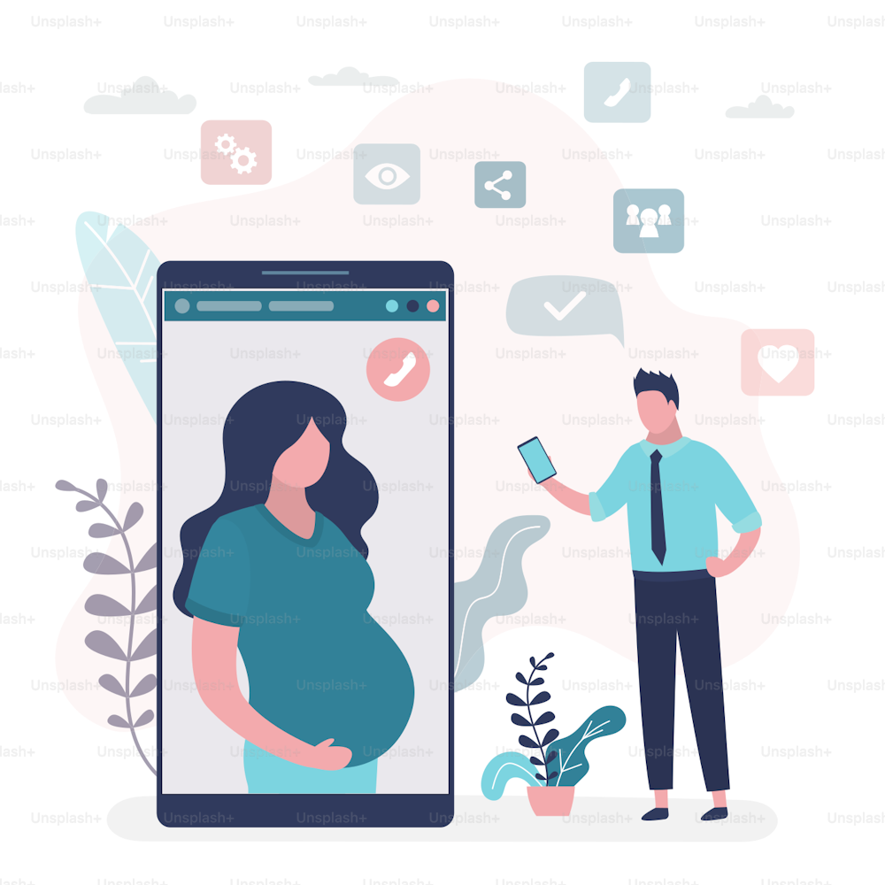 Online video conference. Businessman use smartphone and talking with pregnant wife. Big mobile phone with video chat application. Remote communication technology via internet. Flat vector illustration