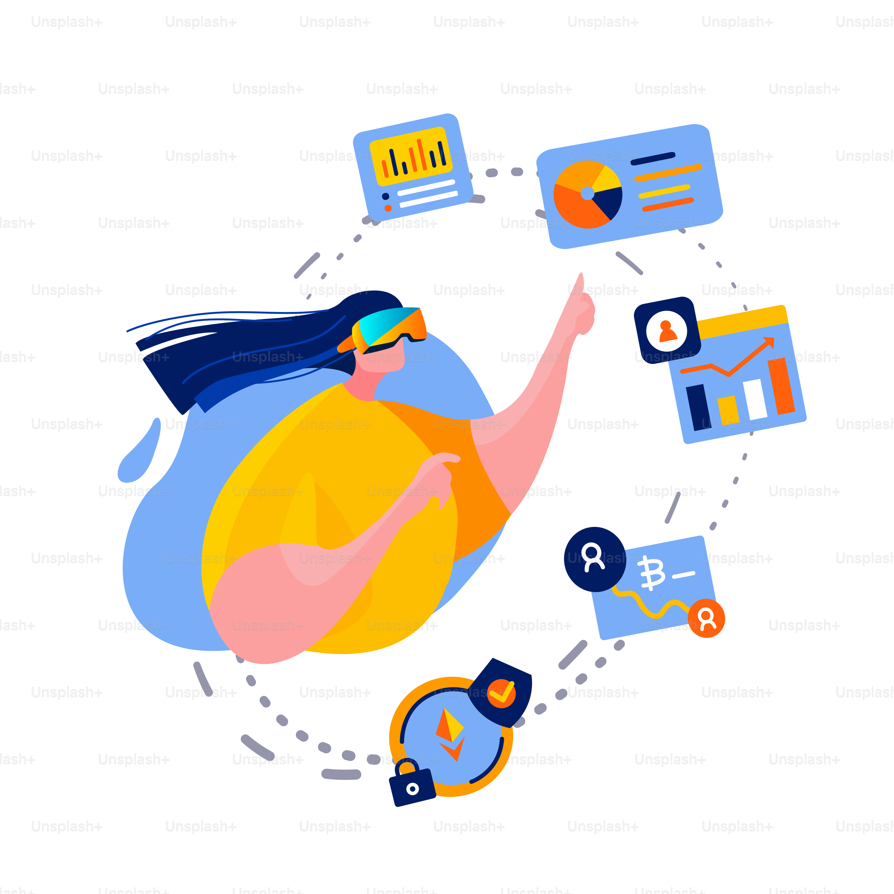 Virtual Reality Concept.Girl Study Financial Cryptocurrency Trading Course,Diagram,Grapgh.Wear VR Headset.Enthusiastic Sudent in VR Get Education.Future Technology.Online Learning.Vector illustration