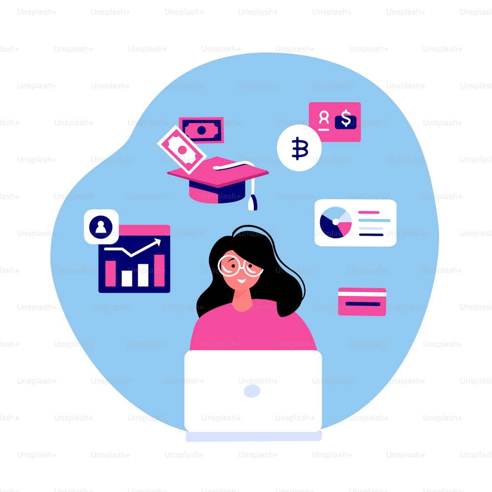 Girl Student with Laptop Study Financial Knowledge in the Internet. Online Education. Cryptocurrency Trading Courses, Crypto trade. Business School Pupil Learn Charts, Graphs. Flat vector illustration
