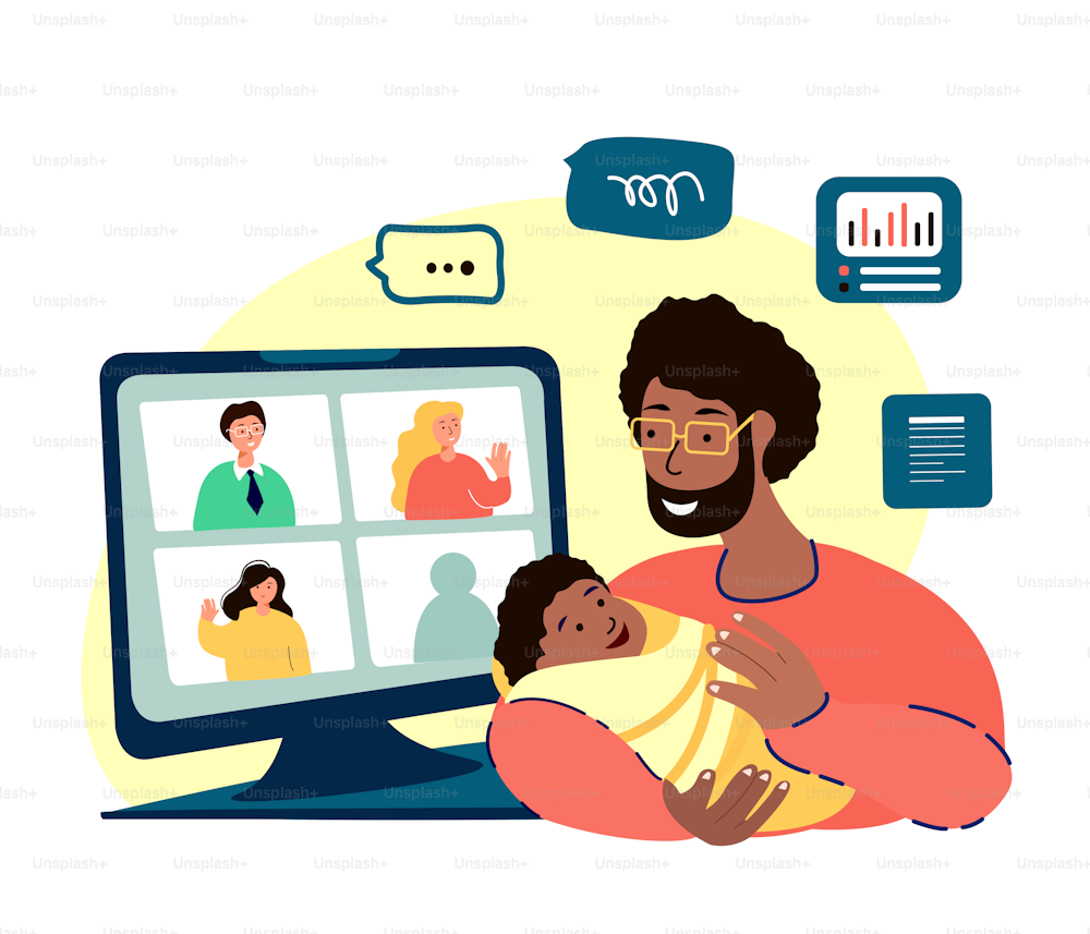 Young African Businessman Father Freelancer Work Remotely. Home Quarantine. Conference on Computer in Child Care Decree. Dad Studying Online on Webinar with Chief Tutor Coach. Flat Vector Illustration