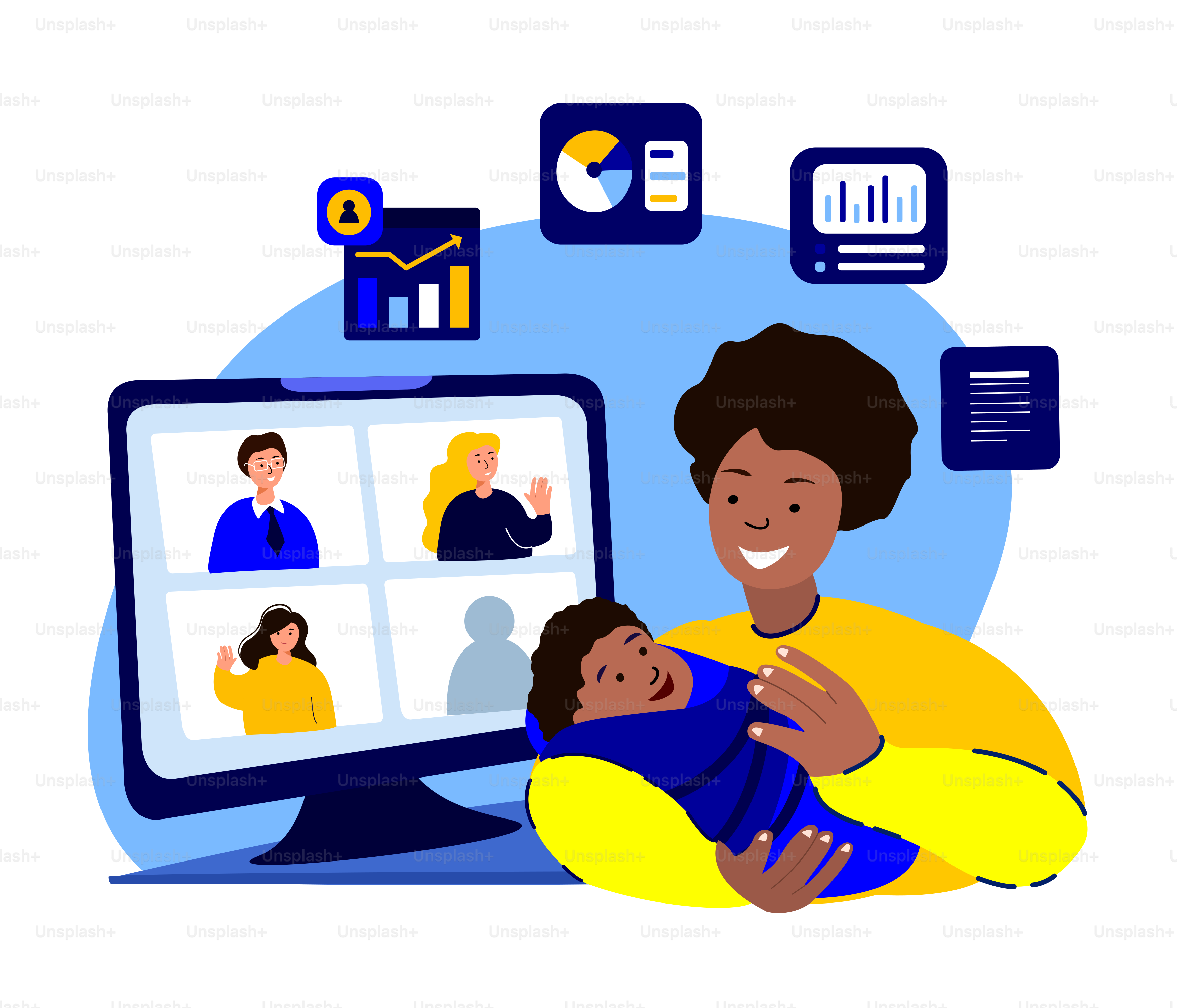 Young African Businesswoman Mother Freelancer Work Remotely.Home Quarantine. Conference on Computer in Child Care Decree.Mom Studying Online on Webinar with Chief Tutor Coach. Flat Vector Illustration