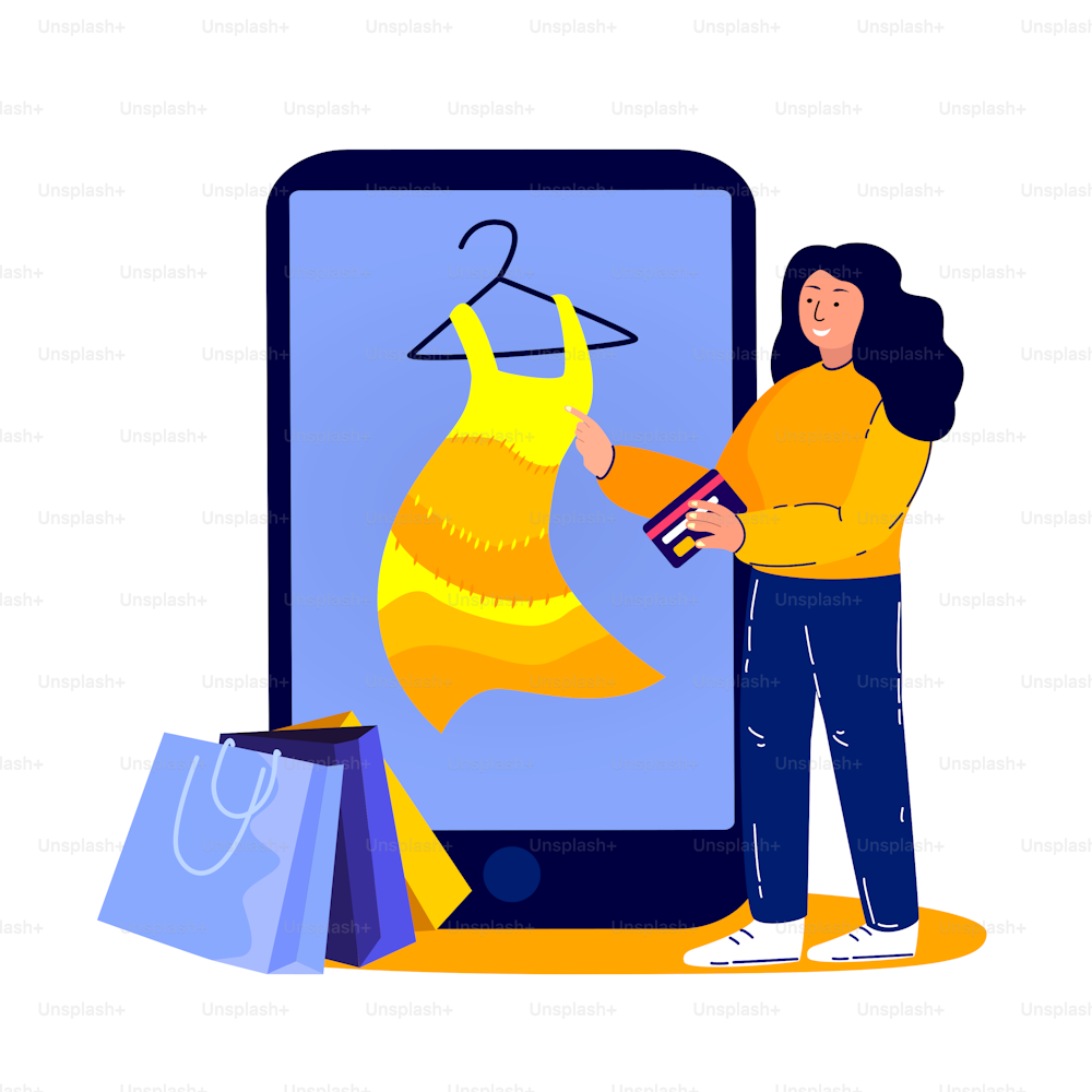 Online Shopping.Adult Young Woman Order and Buy Clothes,Dress Online.New Wardrobe.Consumption.Smartphonre Digital Internet Market Shop.Client Consumer Purchase Textile Product.Flat Vector Illustration