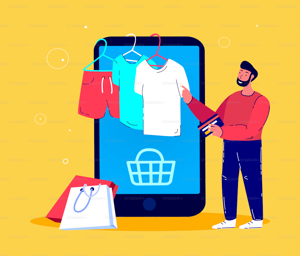 Online Shopping.Adult Young Man Buy Clothes,Shorts,T-shirts Online.New Wardrobe.Consumption.Smartphonre Digital Internet Market Shop. Client Consumer Purchase Textile Products.Flat Vector Illustration