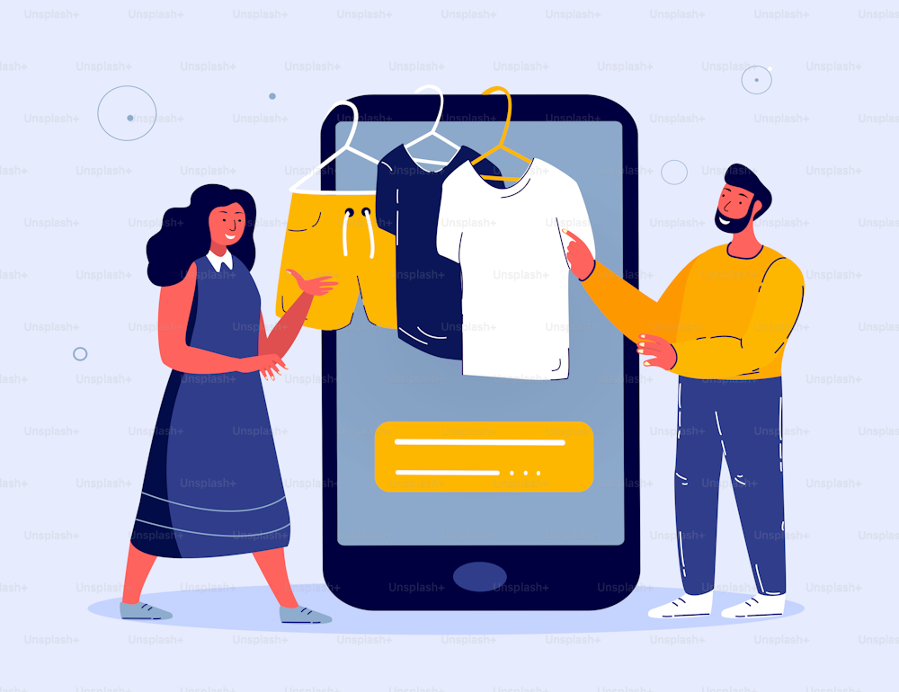 Online Shopping.Adult Young Man, Woman Buy Clothes,Shorts, T-shirts Online.New Wardrobe.Consumption.Smartphonre Digital Internet Market Shop.Consumer Purchase Textile Products.Flat Vector Illustration