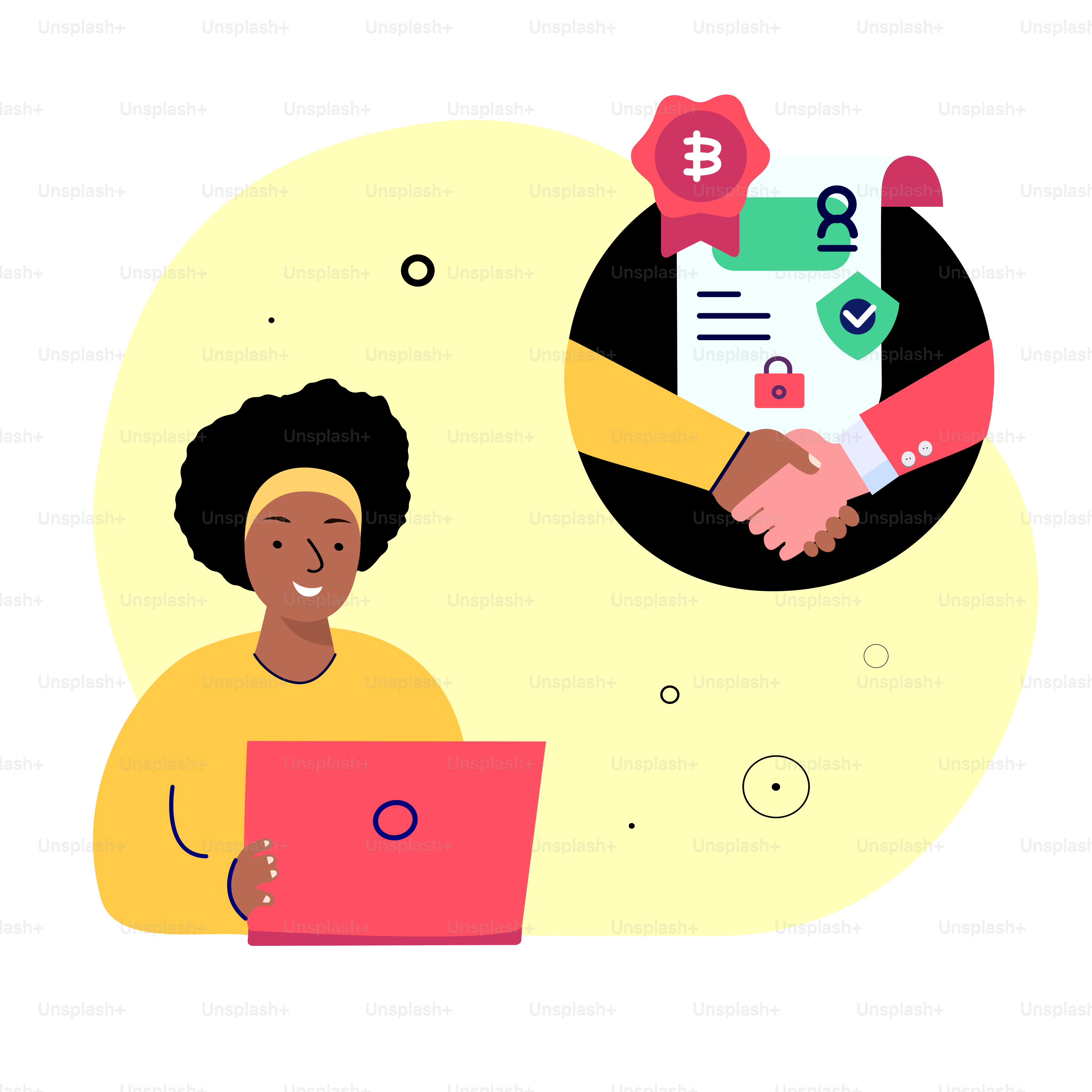 블록체인 혁신 기술 협약. 아프리카 여성 사업가 프리랜서. 암호화폐, 비트코인 스마트 블록체인 Conctract.Online 디지털  암호화폐. 스타트업 기술. 평면 벡터 일러스트레이션 벡터 – Unsplash의 금융 이미지