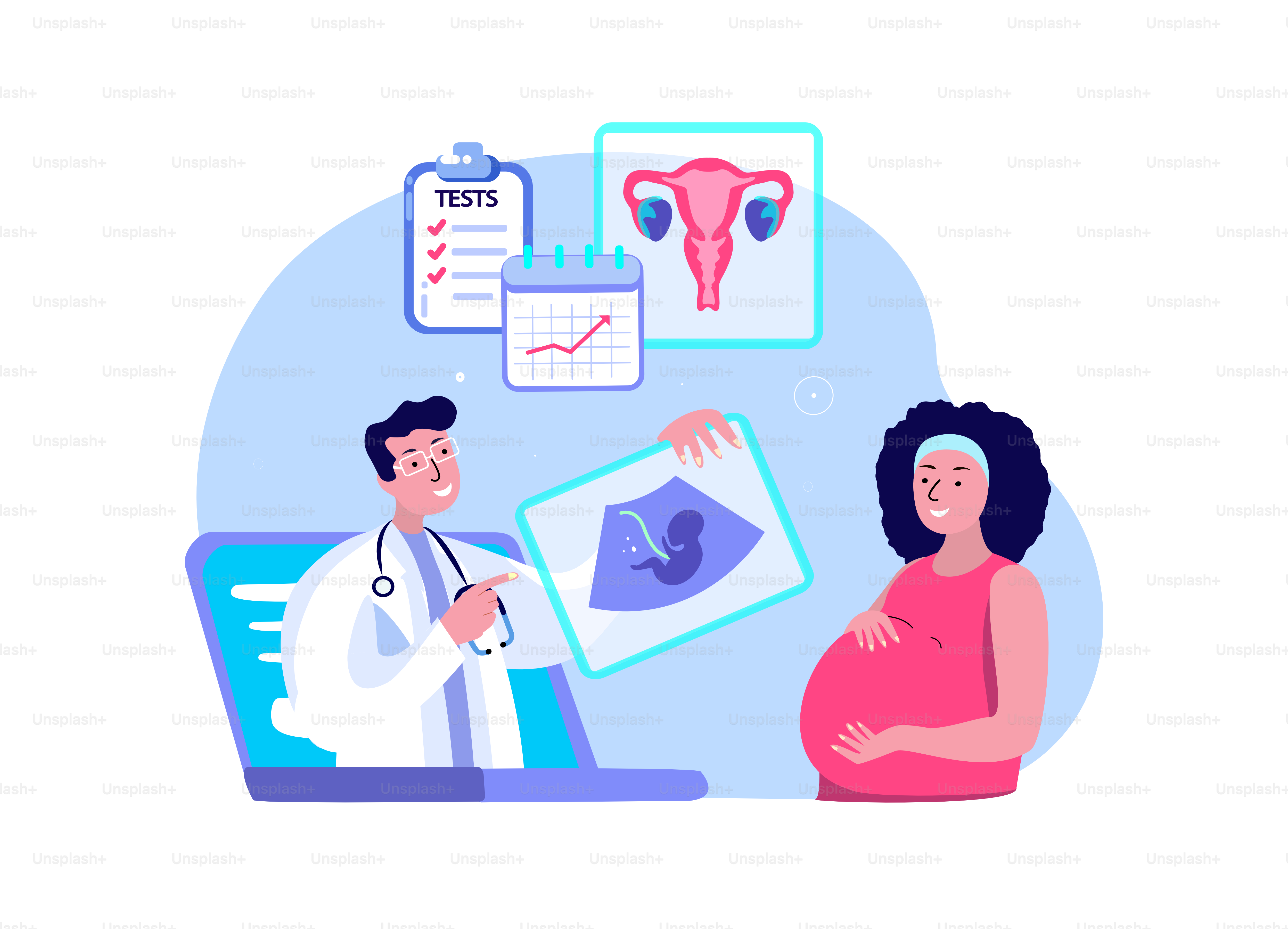 Gynecologist Doctor Consultate Pregnant Woman.Online Ultrasound.Prenatal Care,Management of Pregnancy,Medical Hospital.Internet Online Female Diagnostics. Digital Help Service.Flat Vector Illustration