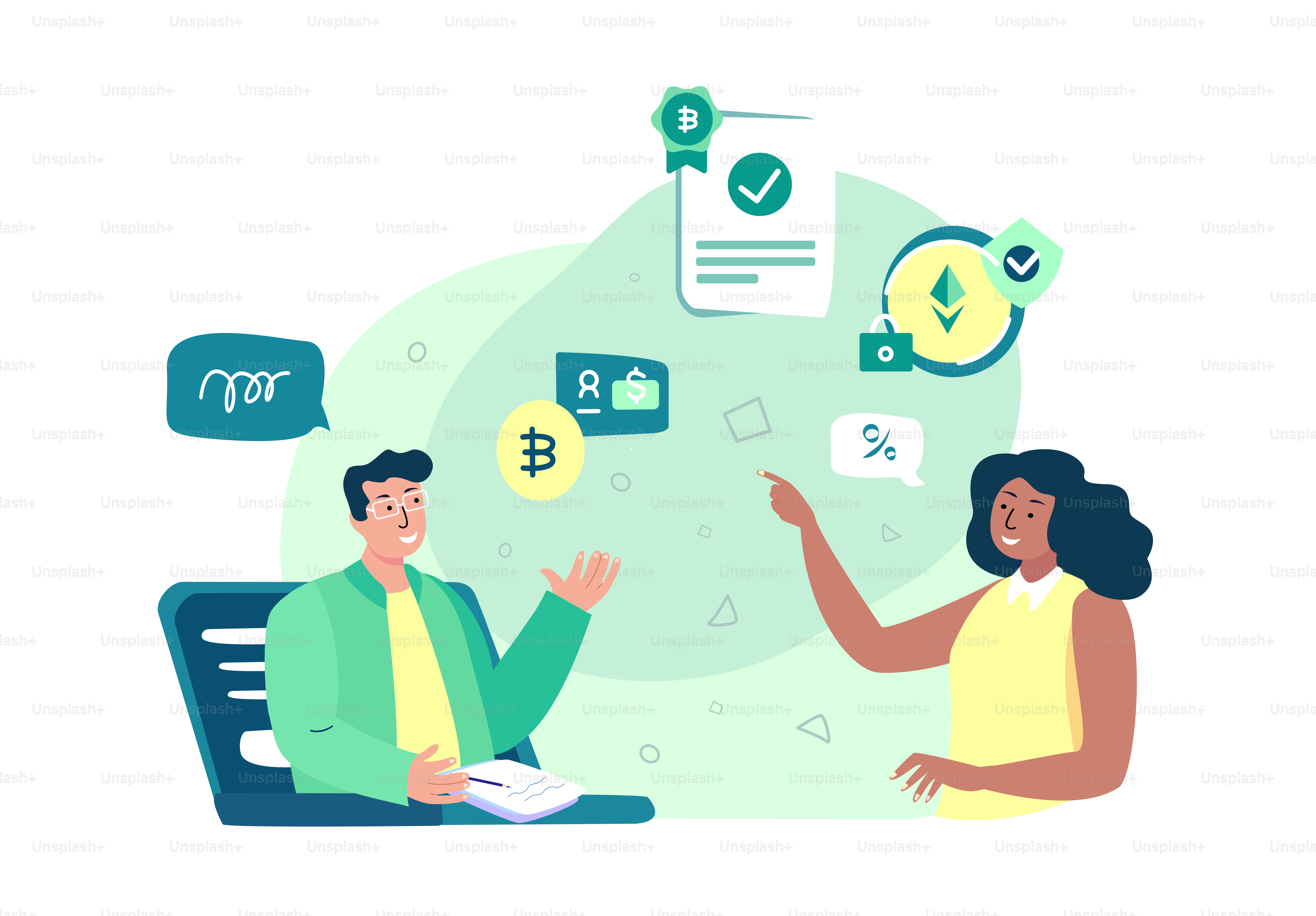 블록체인 Samrt 계약 온라인 상담. 금융 컨설턴트. 혁신 기술 계약 비즈니스 개념. 암호화폐 스마트 보안 스타트업. 첨단 기술.  평면 벡터 일러스트 벡터 – Unsplash의 금융 이미지