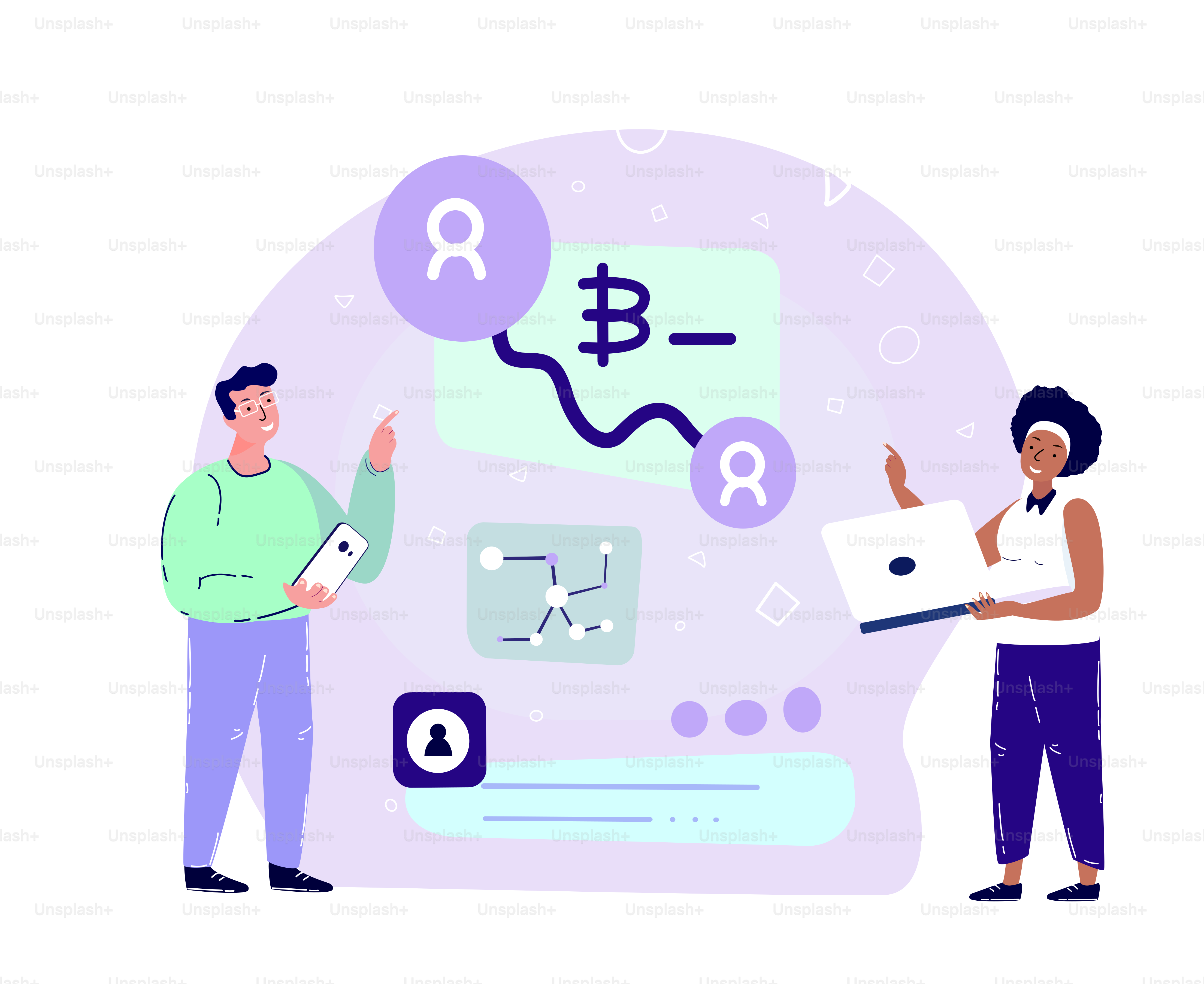 Businesspartners Make a Deal on Bitcoin Smart Contract Bargain in Laptop and Smartphone Device.Innovation Technology Agreement.Cryptocurrency,Crypto Start Up.High Technologies.Flat Vector Illustration