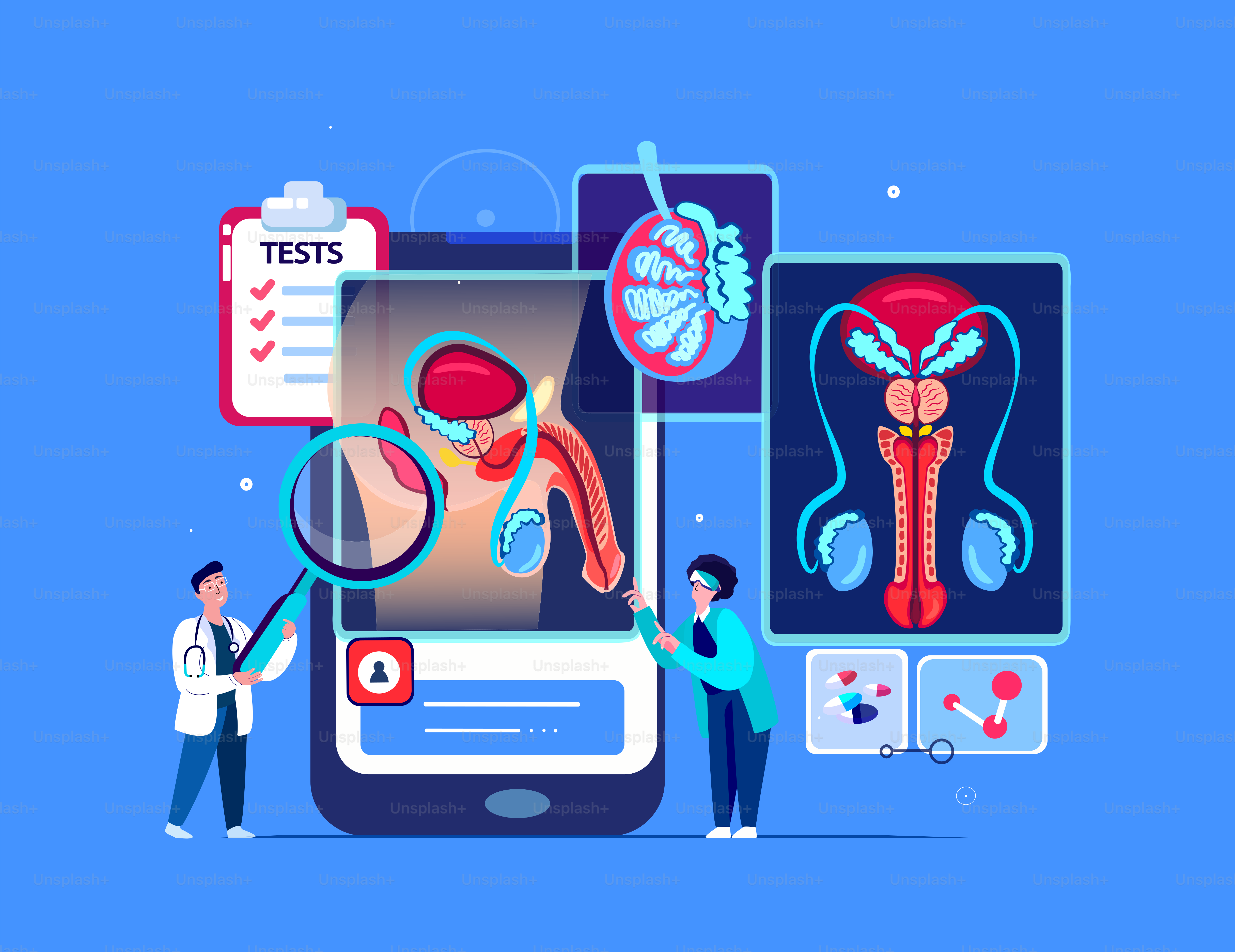 Andrologist,Urologist Scientists Doctors Examine Male Reproductive,Urogenital System.Online Smartphone Penis Cancer Research Trials.Medical Council.Internet Diagnostics. Digital Treatment Illustration