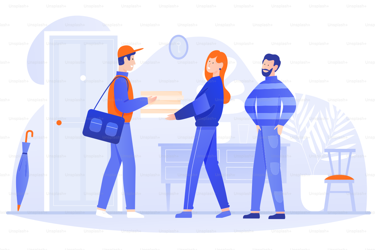 Food delivery home vector illustration. Cartoon happy postman courier character delivers box to clients couple people, holding package with food in hands. Flat fast delivery service isolated on white