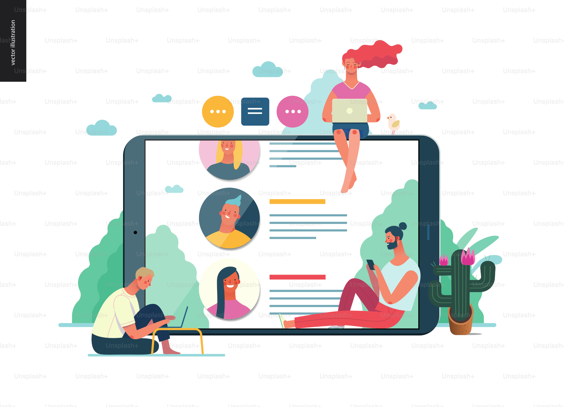 Série de negócios - análises - conceito moderno de ilustração vetorial plana de pessoas escrevendo avaliações e a página de avaliações na tela do tablet. Página de destino criativa ou modelo de design de produto da empresa. Cor 1