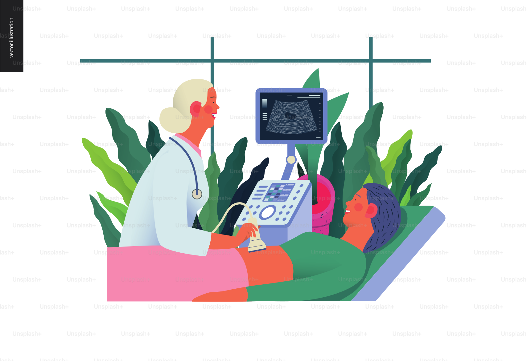 Medical tests illustration - ultrasound - modern flat vector concept digital illustration of ultrasonography procedure -doctor examing patient pregnant woman with scanner, medical office or laboratory