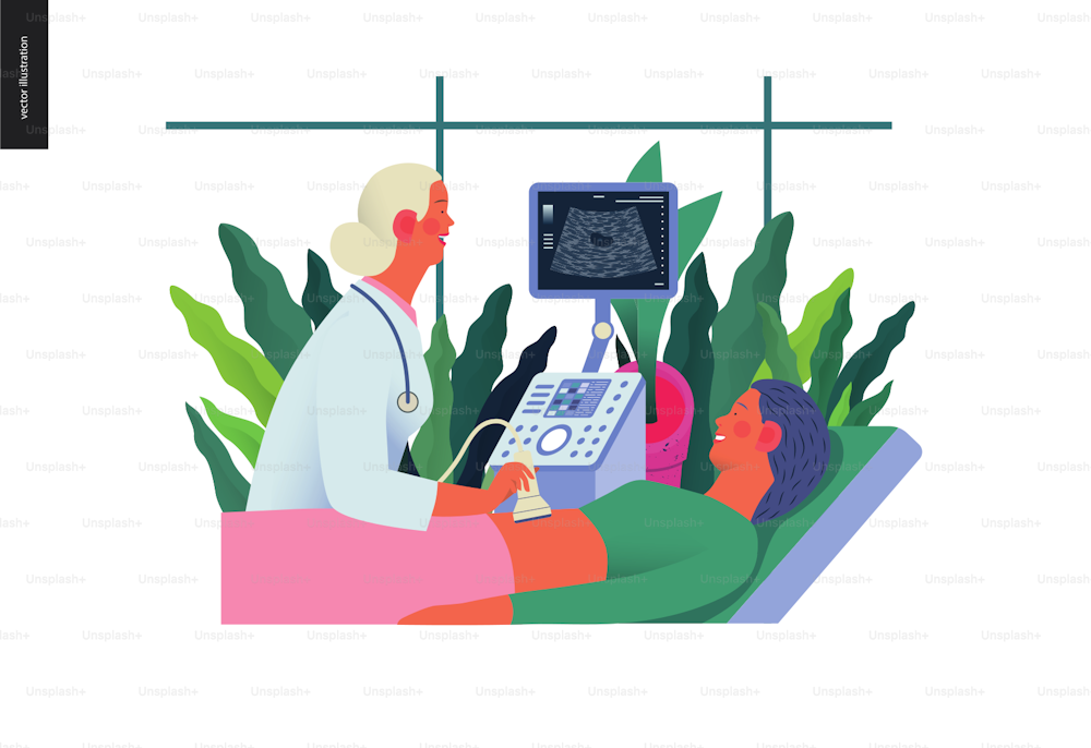 Medizinische Tests Illustration - Ultraschall - modernes flaches Vektorkonzept digitale Illustration des Ultraschallverfahrens -Arzt, der die schwangere Frau mit Scanner, Arztpraxis oder Labor untersucht