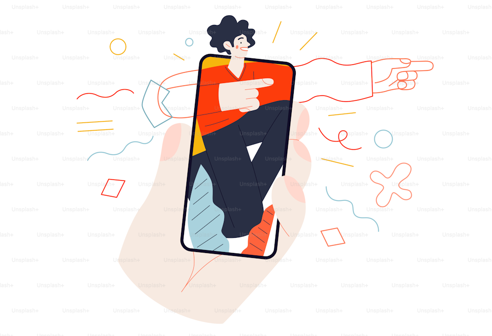 Business topics - mobile application. Flat style modern outlined vector concept illustration. A hand holding a smartphone with a young man inside, pointing the direction. Business metaphor.