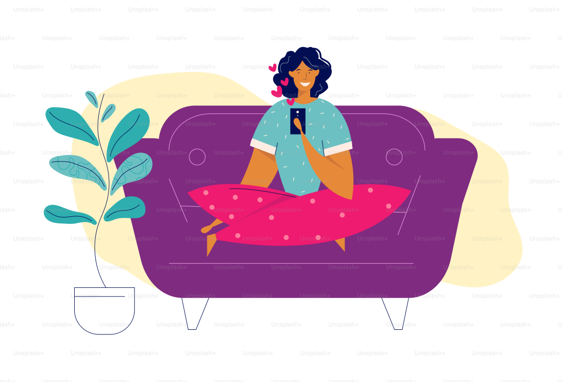 Concepto de red social, relaciones de comunicación virtual. Personaje femenino joven chateando usando el smartphone en casa. Mujer enviando mensaje por teléfono móvil. Ilustración vectorial plana