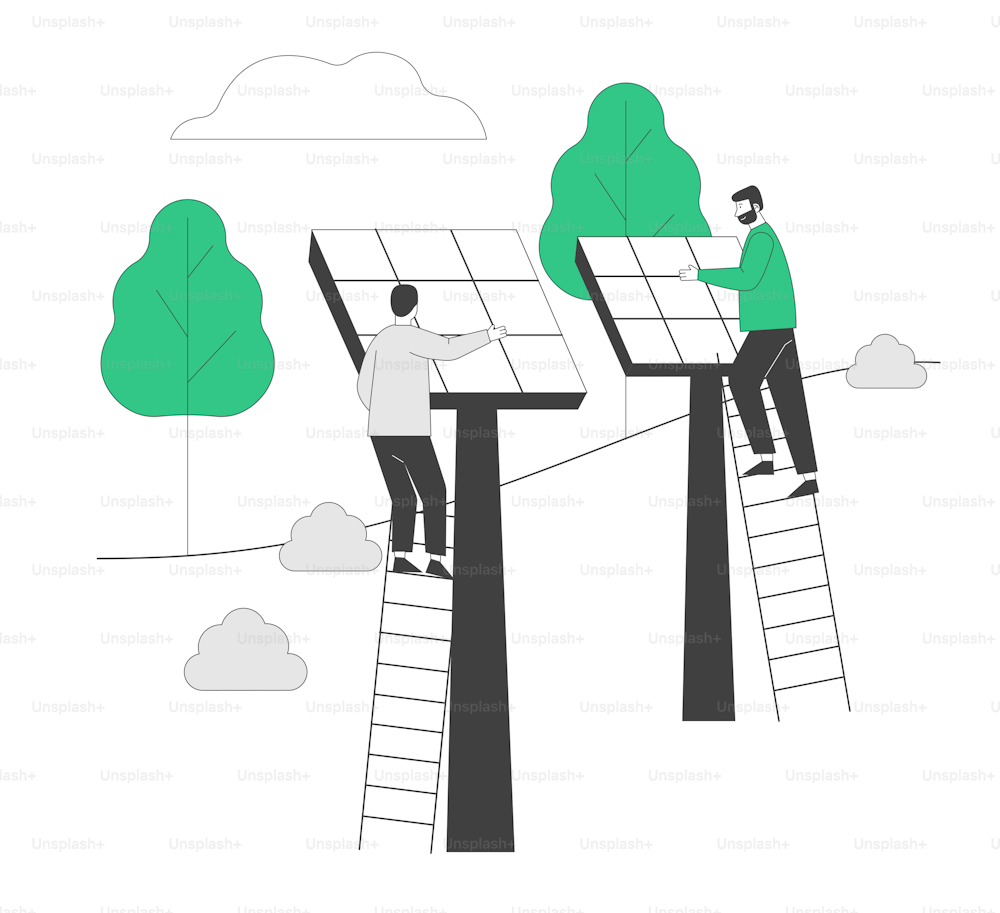 Concetto di energia verde rinnovabile. Gli uomini stanno su scale che installano pannelli solari. Persone che usano l'energia del sole per lo sviluppo di elettricità pulita. Protezione dell'ambiente Illustrazione vettoriale piatta del fumetto, Line Art