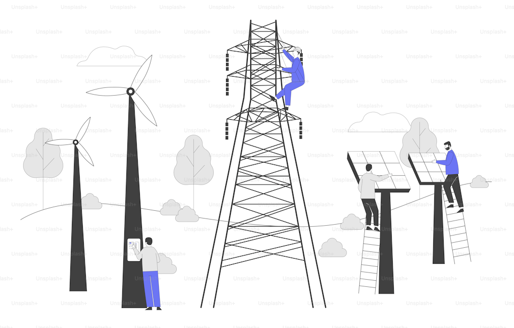 Sustainable Green Energy Development, Environmental and Ecology Protection Concept. New Technologies Integration into Human Life. Solar Panels Windmills Electric Tower Cartoon Flat Vector Illustration