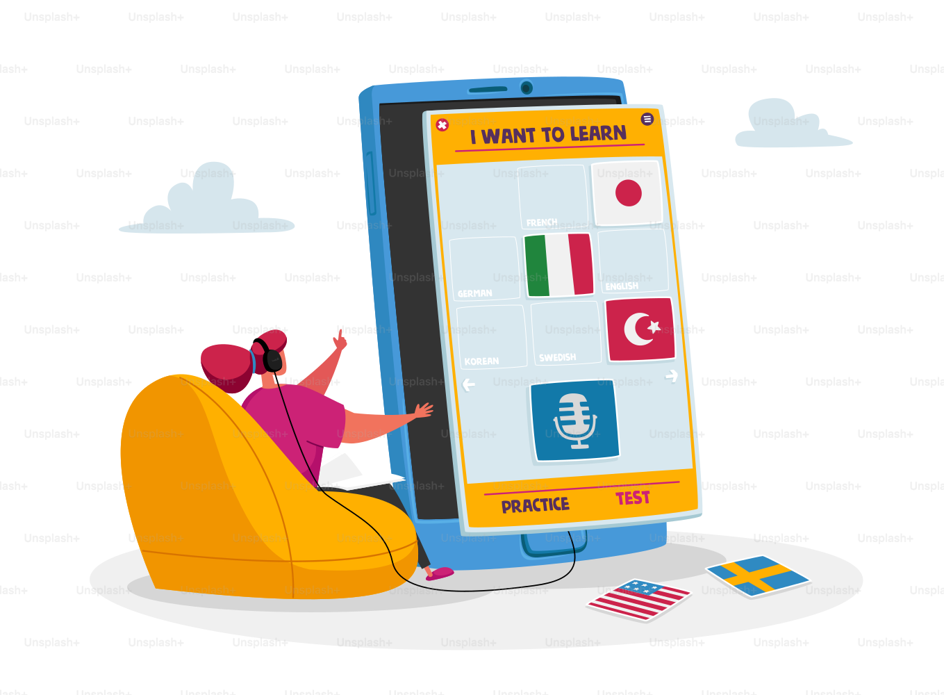 Pequeña mujer con auriculares sentada frente a un enorme smartphone con aplicación para aprender un idioma extranjero. Tecnologías educativas digitales en línea, estudio virtual. Ilustración vectorial de dibujos animados