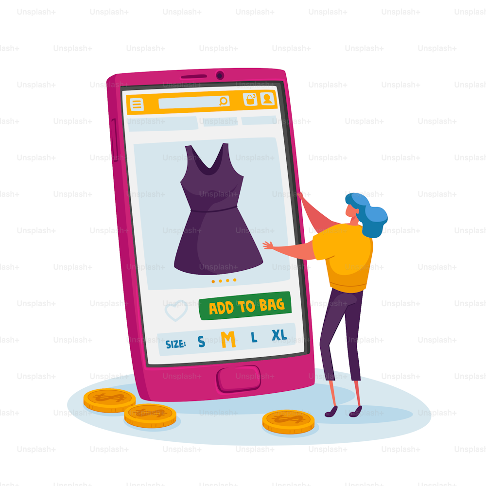 Tint Female Customer Character Choose Dress on Huge Smartphone. Online Shopping Concept. Girl Buying Apparel at Gadget Screen Using App, Digital Purchase, Internet Store. Cartoon Vector Illustration