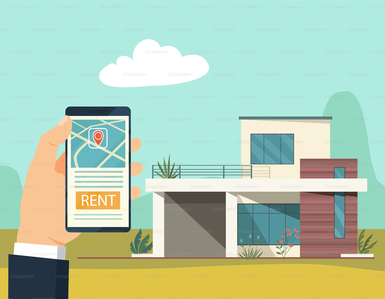 Hand hold smartphone. Rent house. Vector flat illustration, vector ...